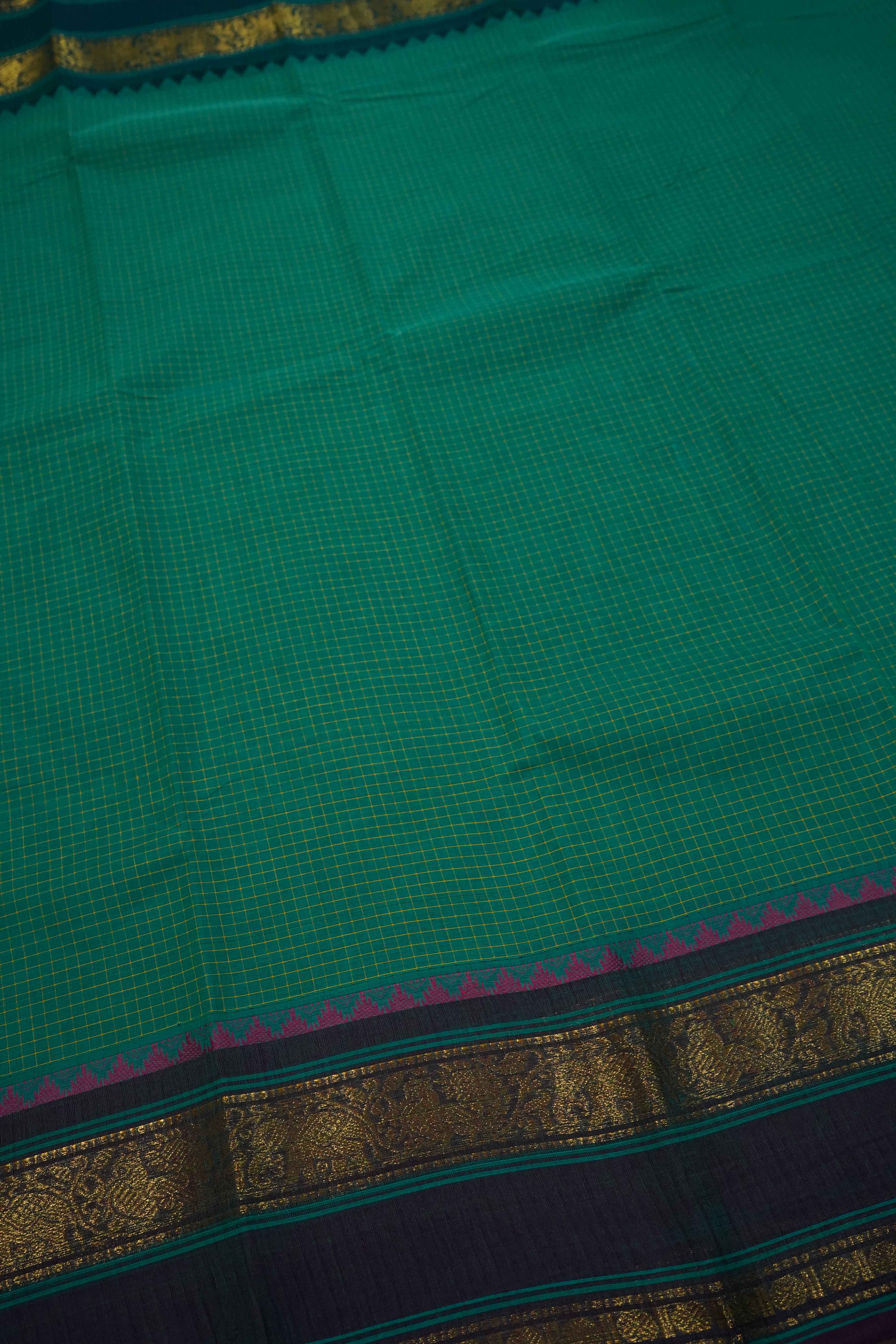 DEEP AQUA GREEN WITH DIRTY PURPLE KANCHI COTTON SAREE - Queens Jewel Emporium
