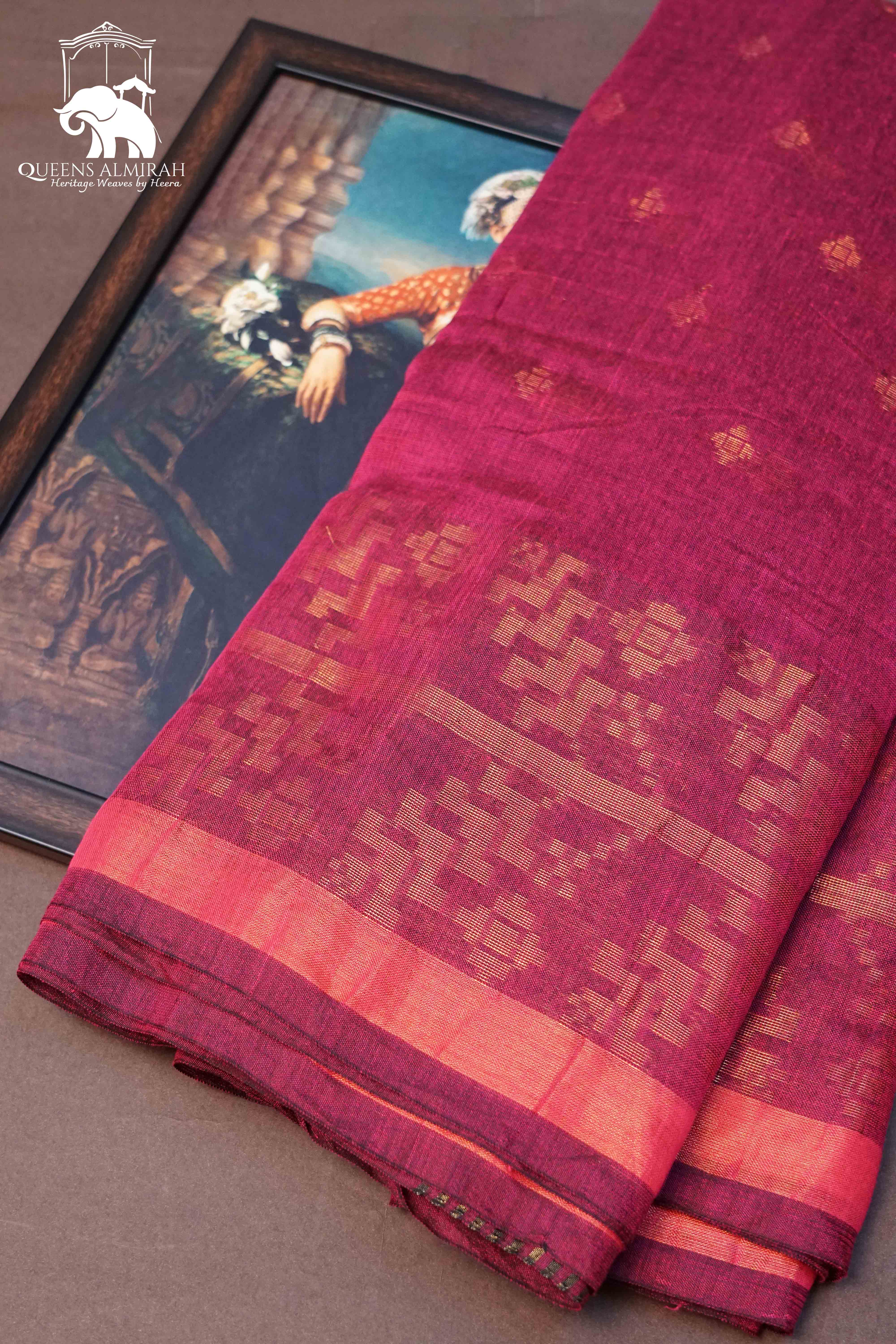 DEEP CARAMINE JAMDANI COTTON SAREE - Queens Jewel Emporium