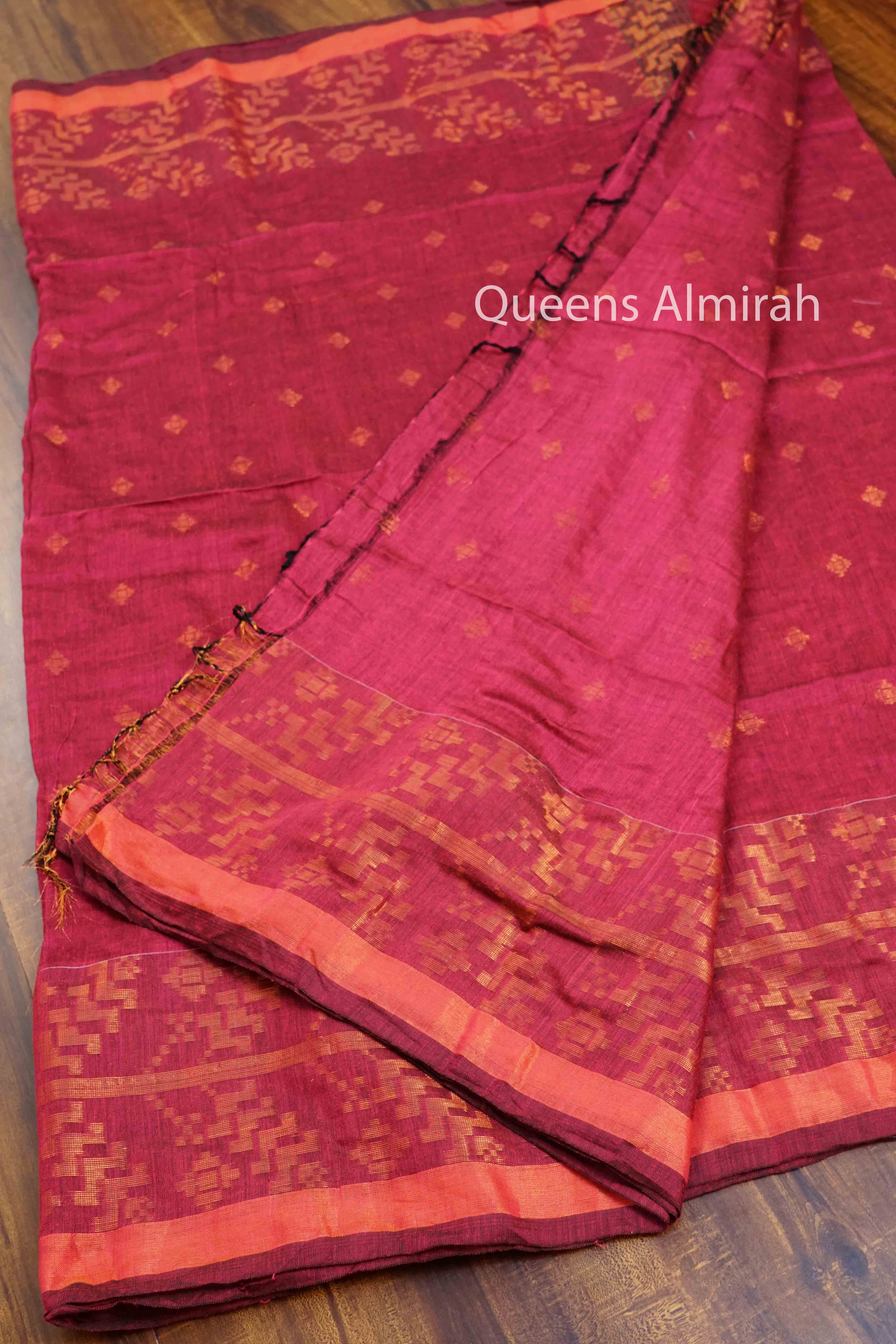 DEEP CARAMINE JAMDANI COTTON SAREE - Queens Jewel Emporium