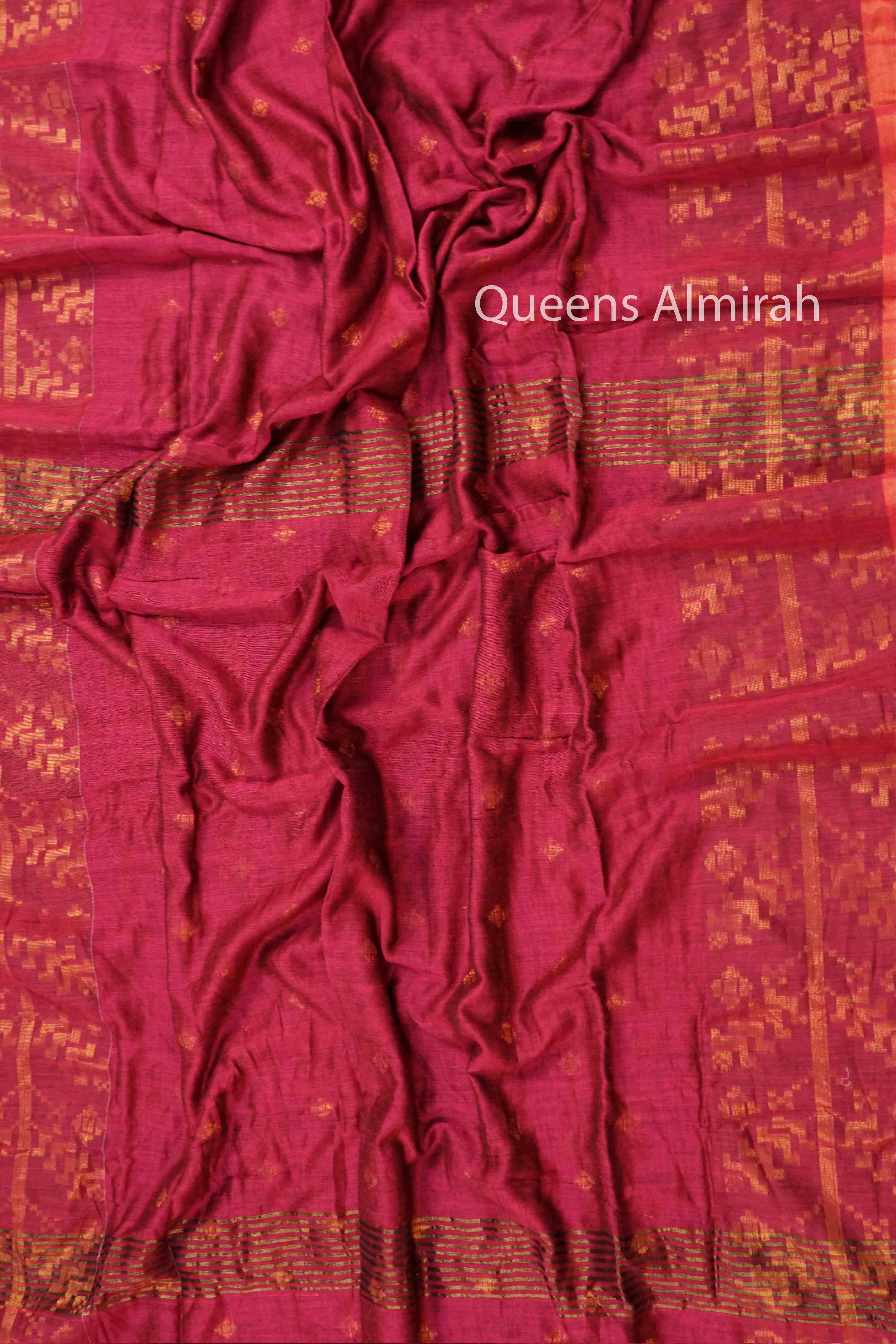 DEEP CARAMINE JAMDANI COTTON SAREE - Queens Jewel Emporium