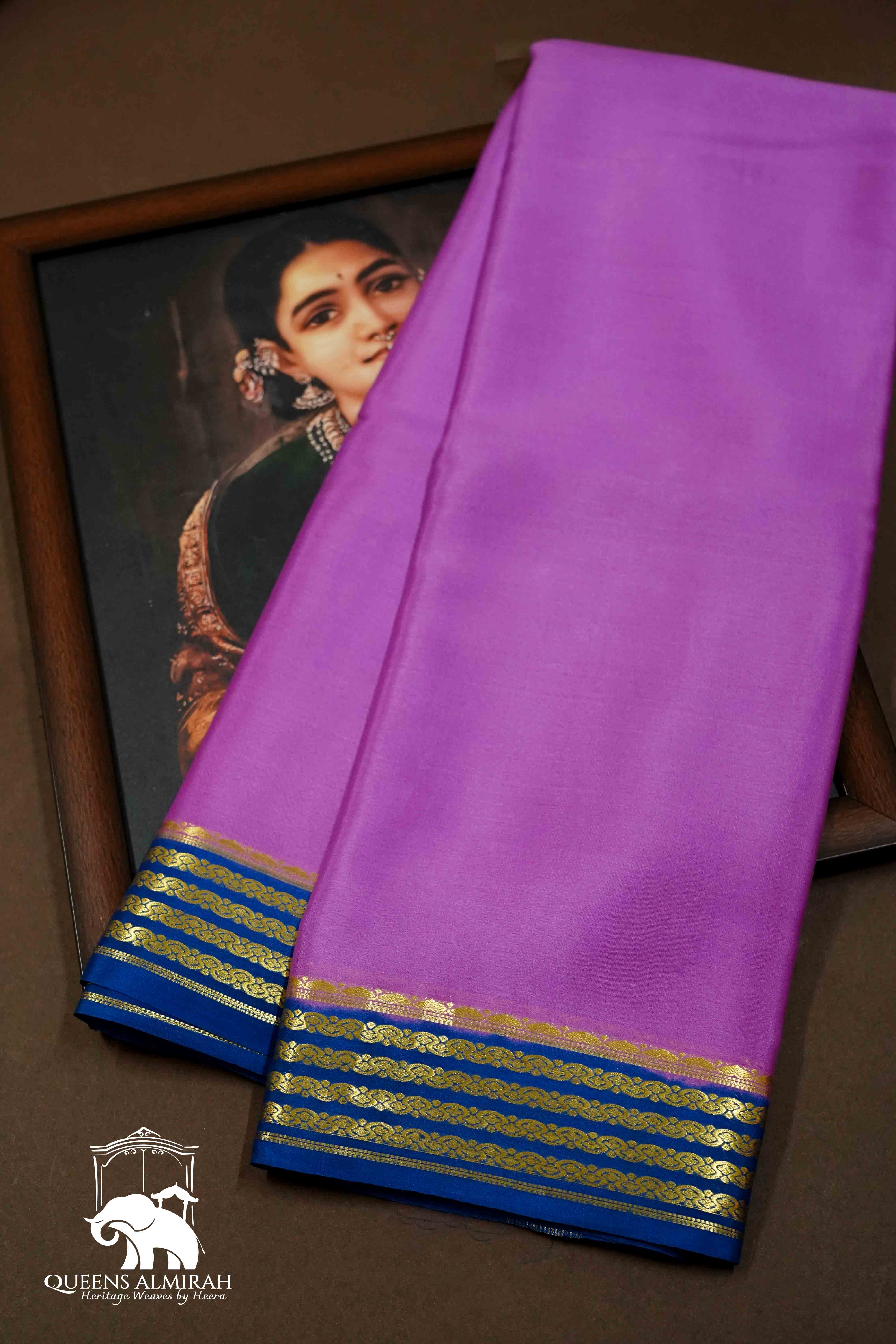 DEEP LILAC WITH MARINE BLUE MYSORE SILK SREE - Queens Jewel Emporium