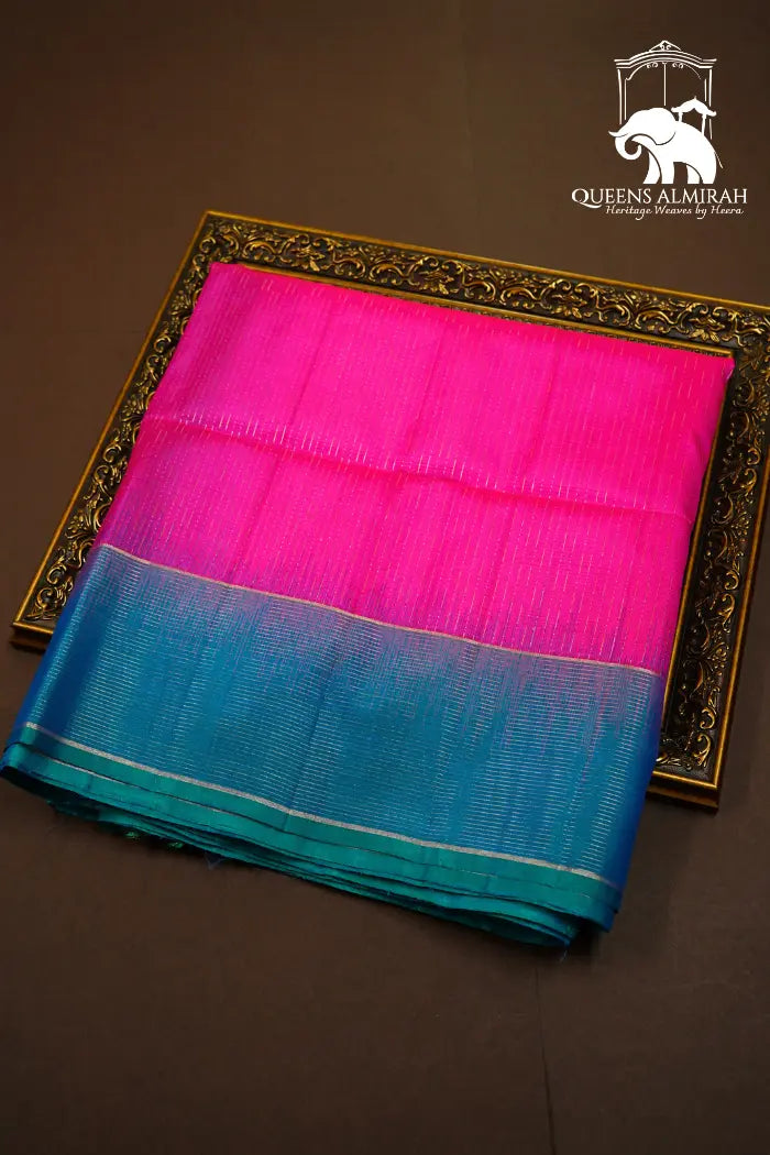 DEEP PINK WITH DENIM BLUE SOFT SILK SAREE - Queens Jewel Emporium