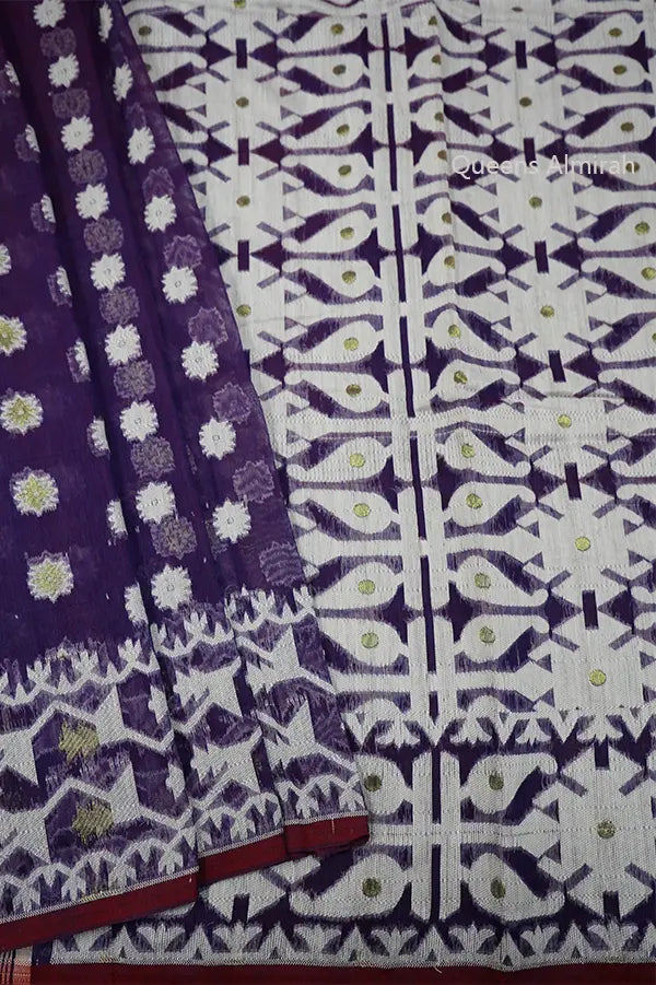 DEEP PURPLE  JAMDANI COTTON SAREE - Queens Jewel Emporium