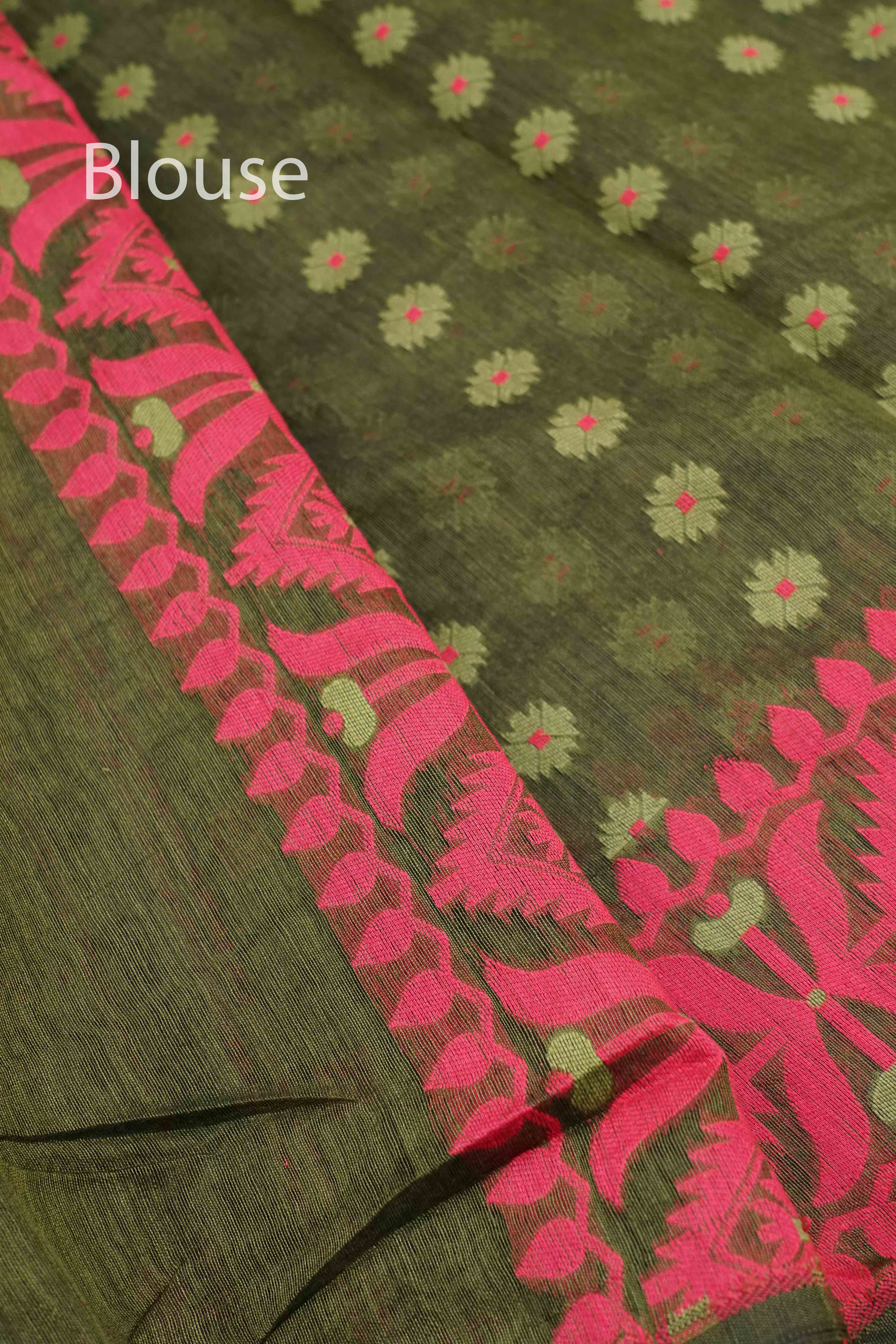 DEEP ROSE WITH RIFLE GREEN JAMDANI COTTON SAREE - Queens Jewel Emporium