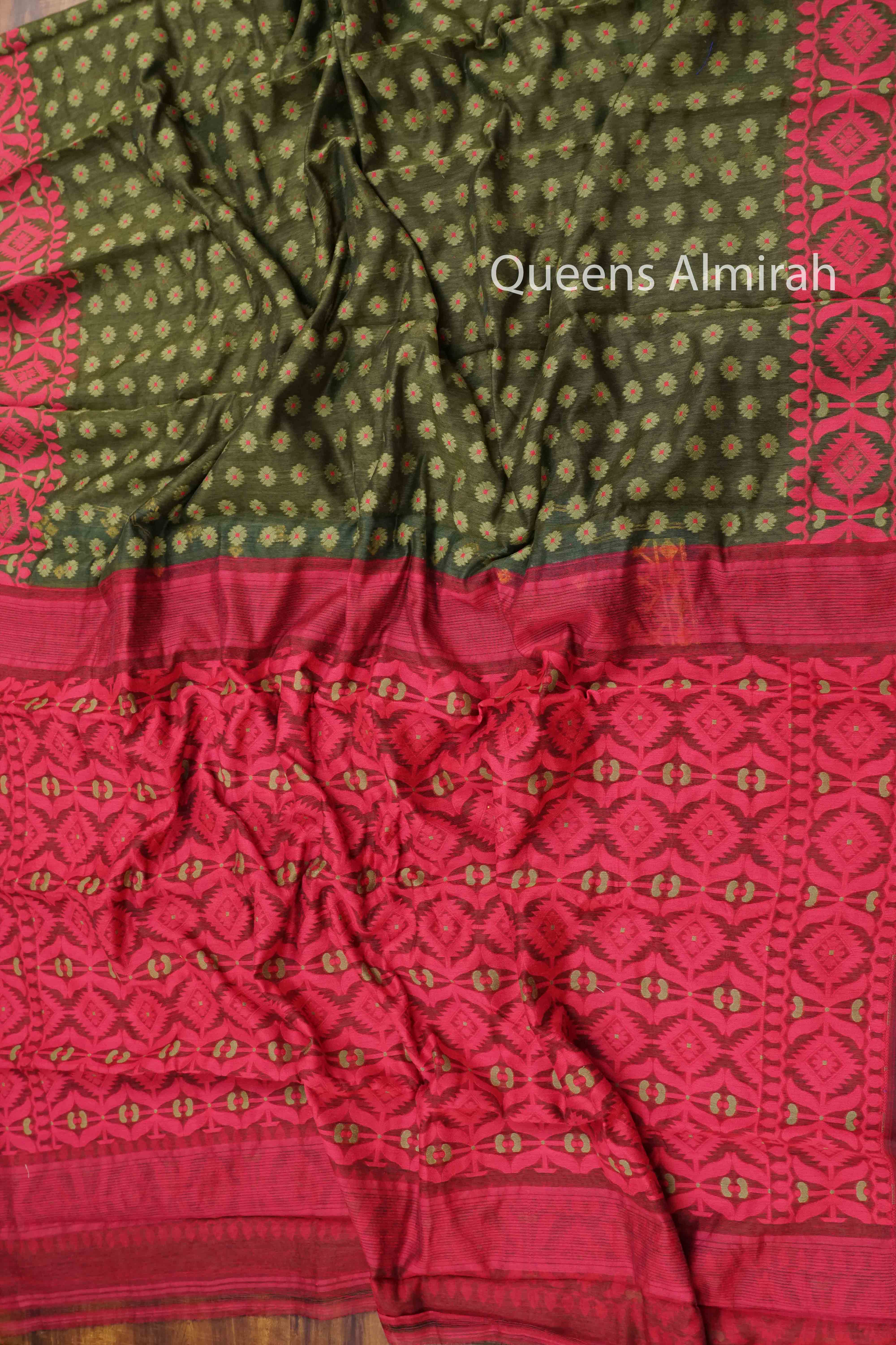 DEEP ROSE WITH RIFLE GREEN JAMDANI COTTON SAREE - Queens Jewel Emporium