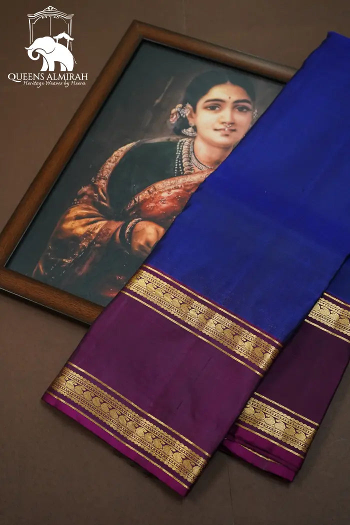 DEEP SAPPHIRE WITH WINE BERRY PURE KANCHIVARAM SILK SAREE - Queens Jewel Emporium