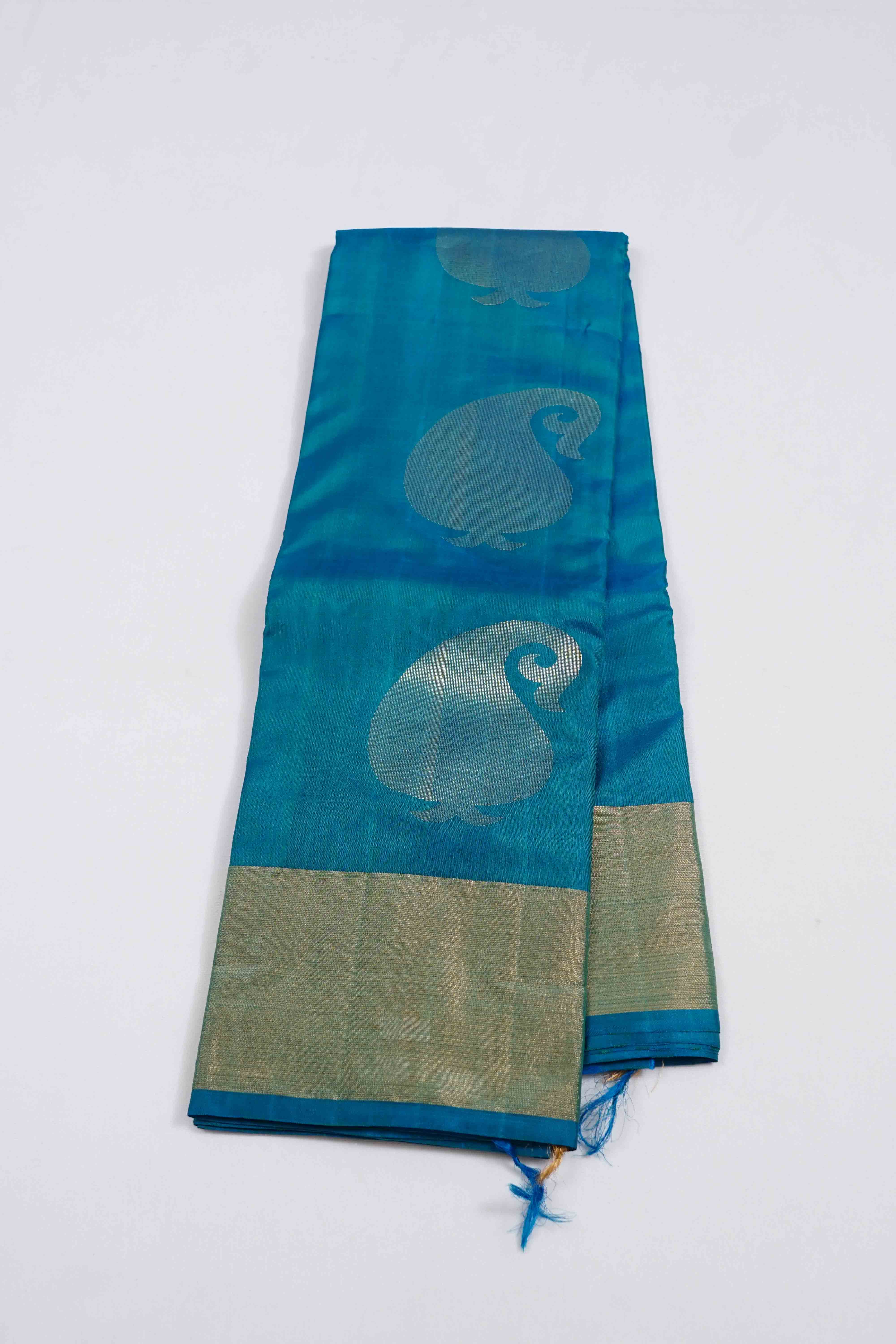 DEEP SEA BLUE PURE KANCHIVARAM SILK SAREE - Queens Jewel Emporium