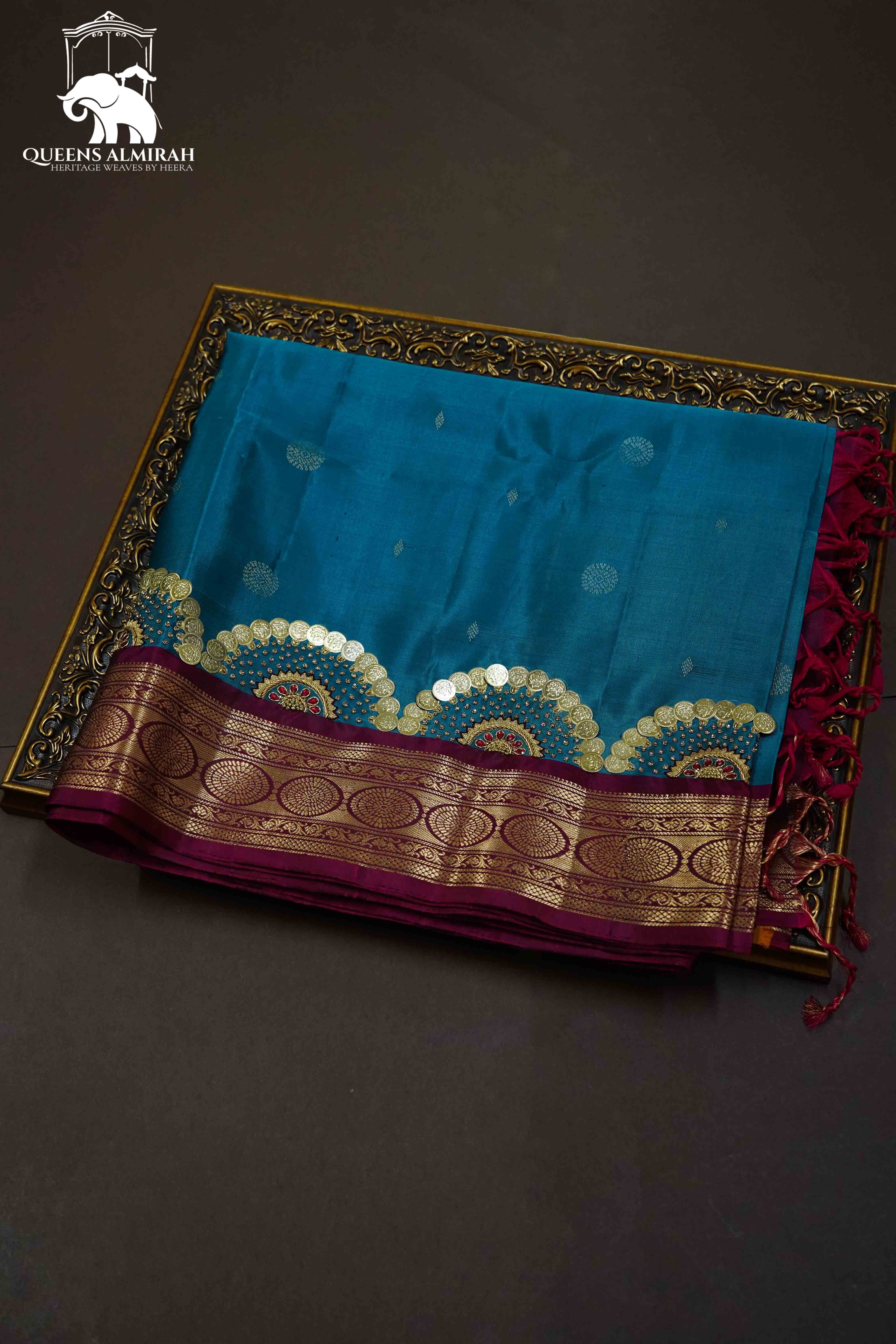 DEEP SEA BLUE WITH MAROON SOFT SILK SAREE - Queens Jewel Emporium