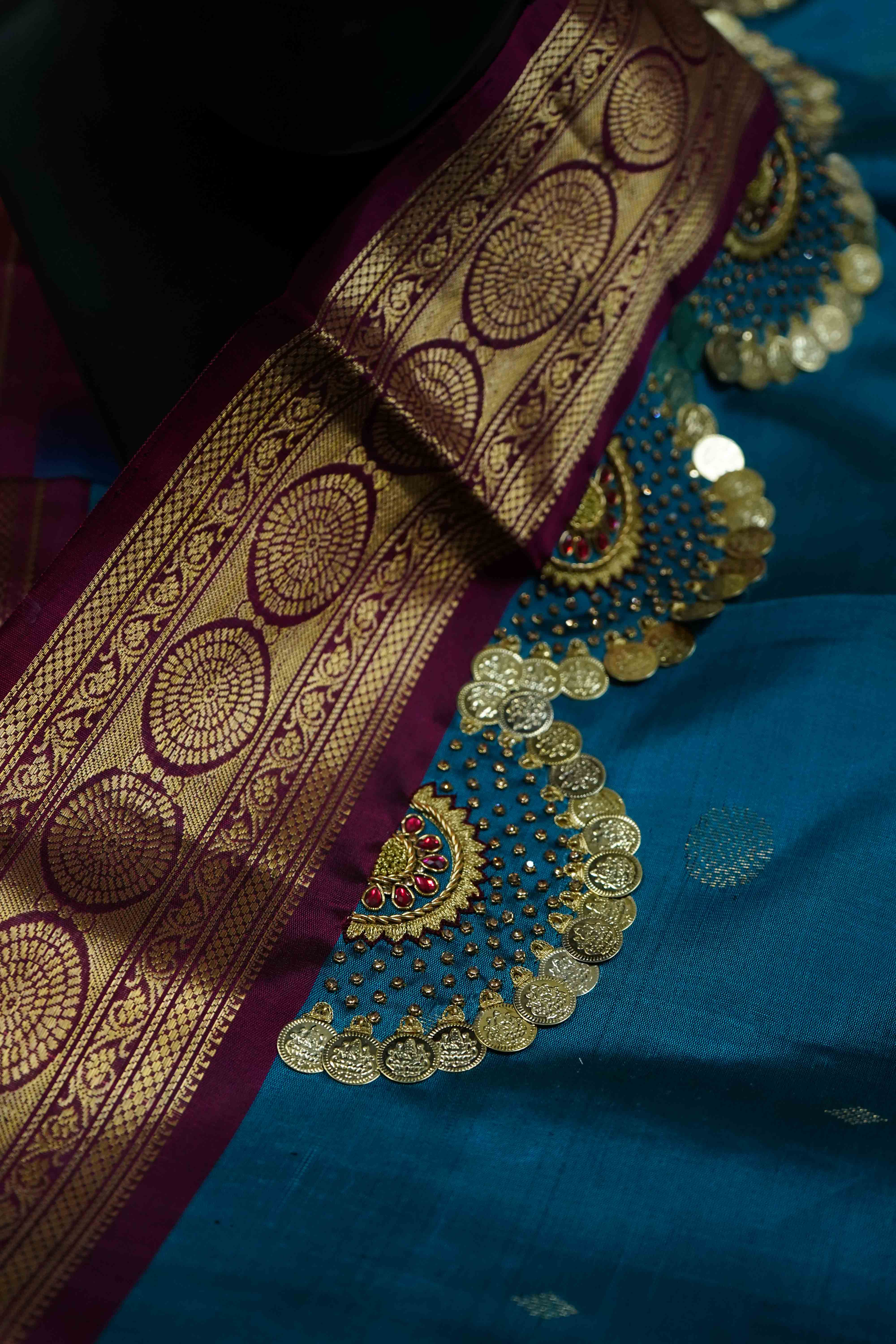 DEEP SEA BLUE WITH MAROON SOFT SILK SAREE - Queens Jewel Emporium