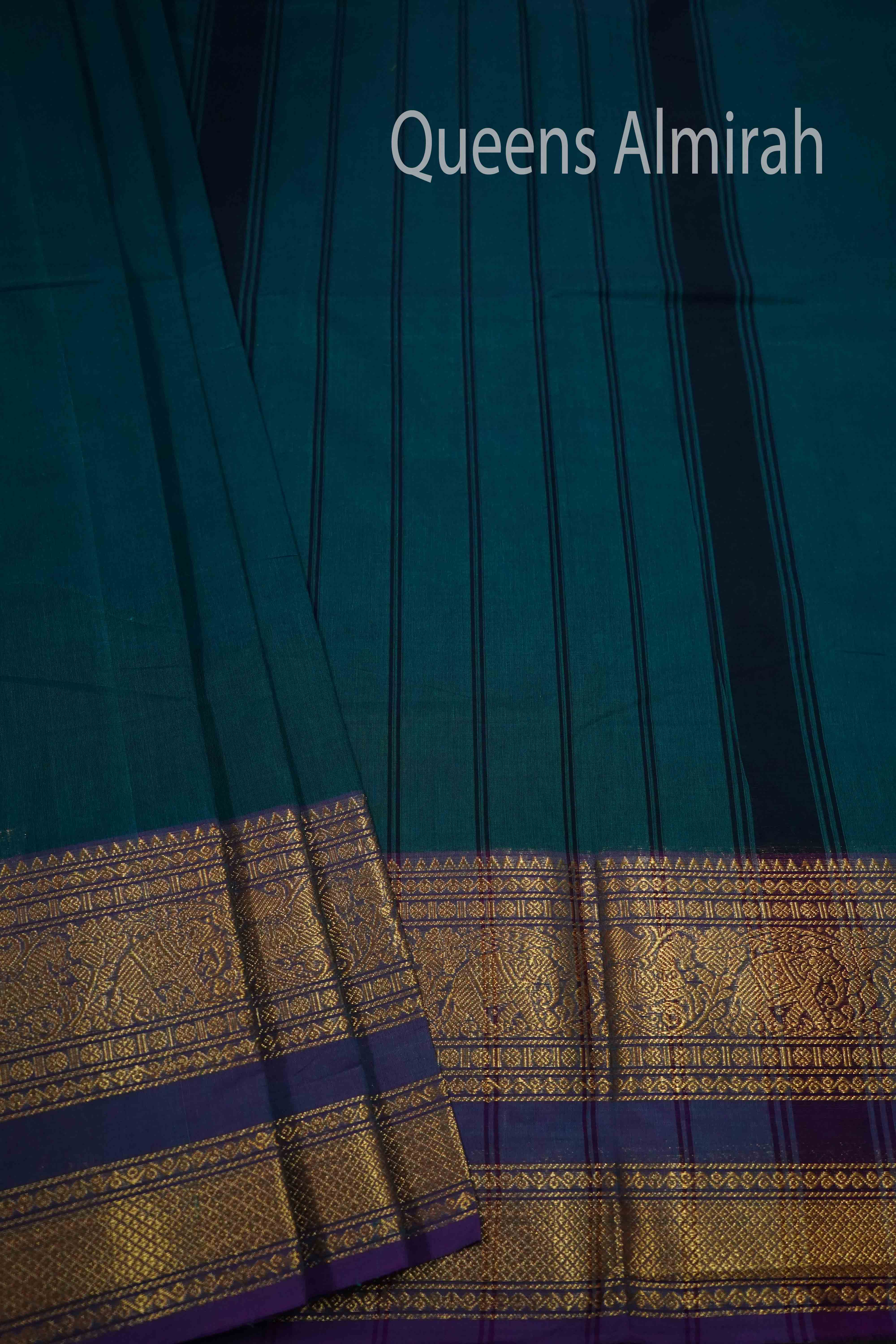 DEEP TEAL WITH DIRTY PURPLE KANCHI COTTON SAREE - Queens Jewel Emporium