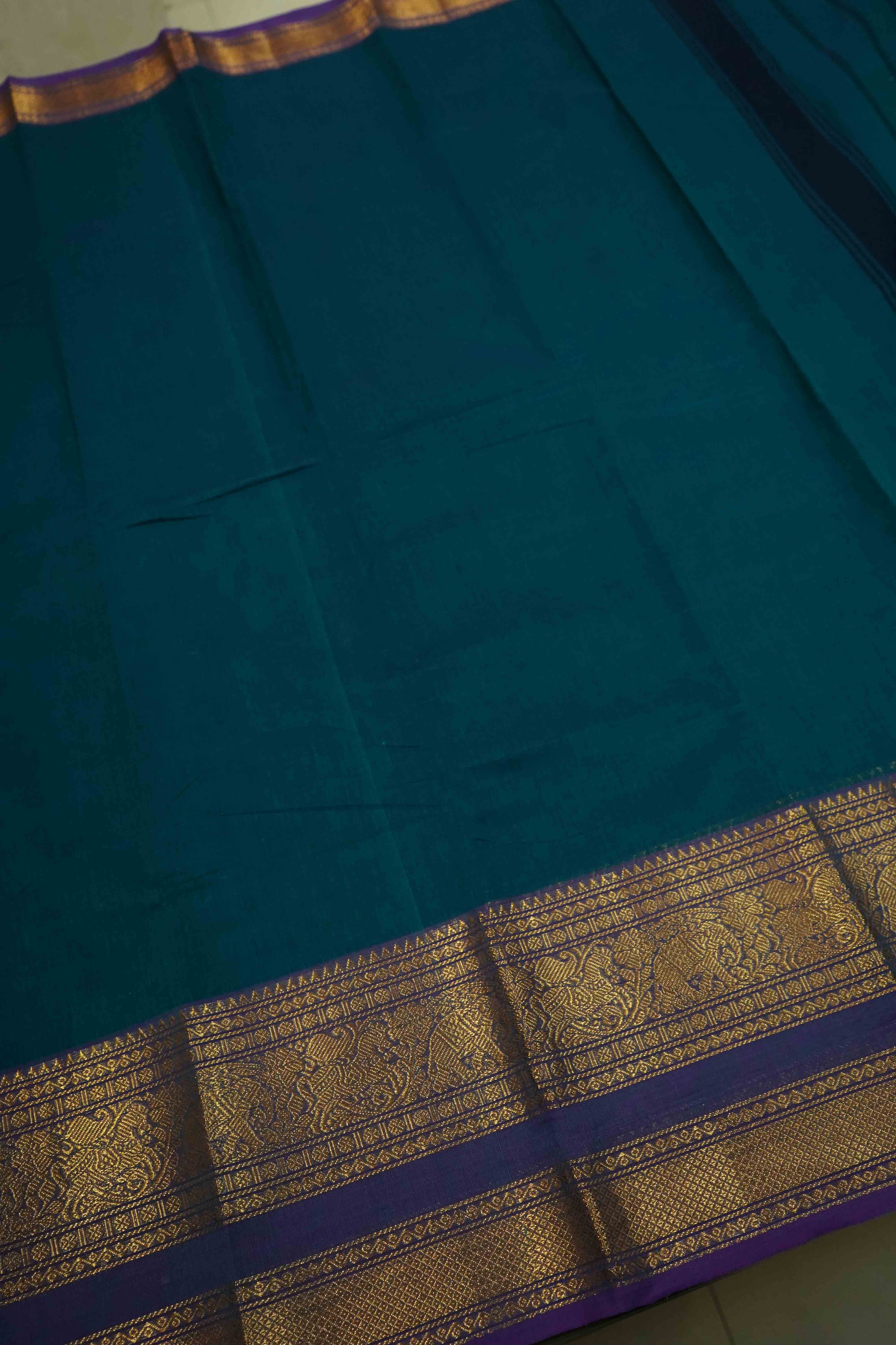 DEEP TEAL WITH DIRTY PURPLE KANCHI COTTON SAREE - Queens Jewel Emporium