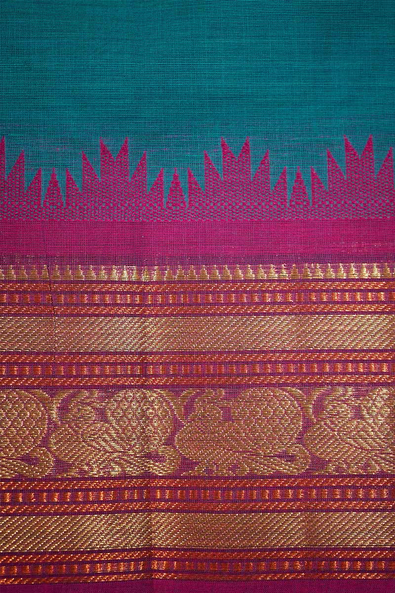 DEEP TEAL WITH MAGENTA KORVAI KANCHI COTTON SAREE - Queens Jewel Emporium