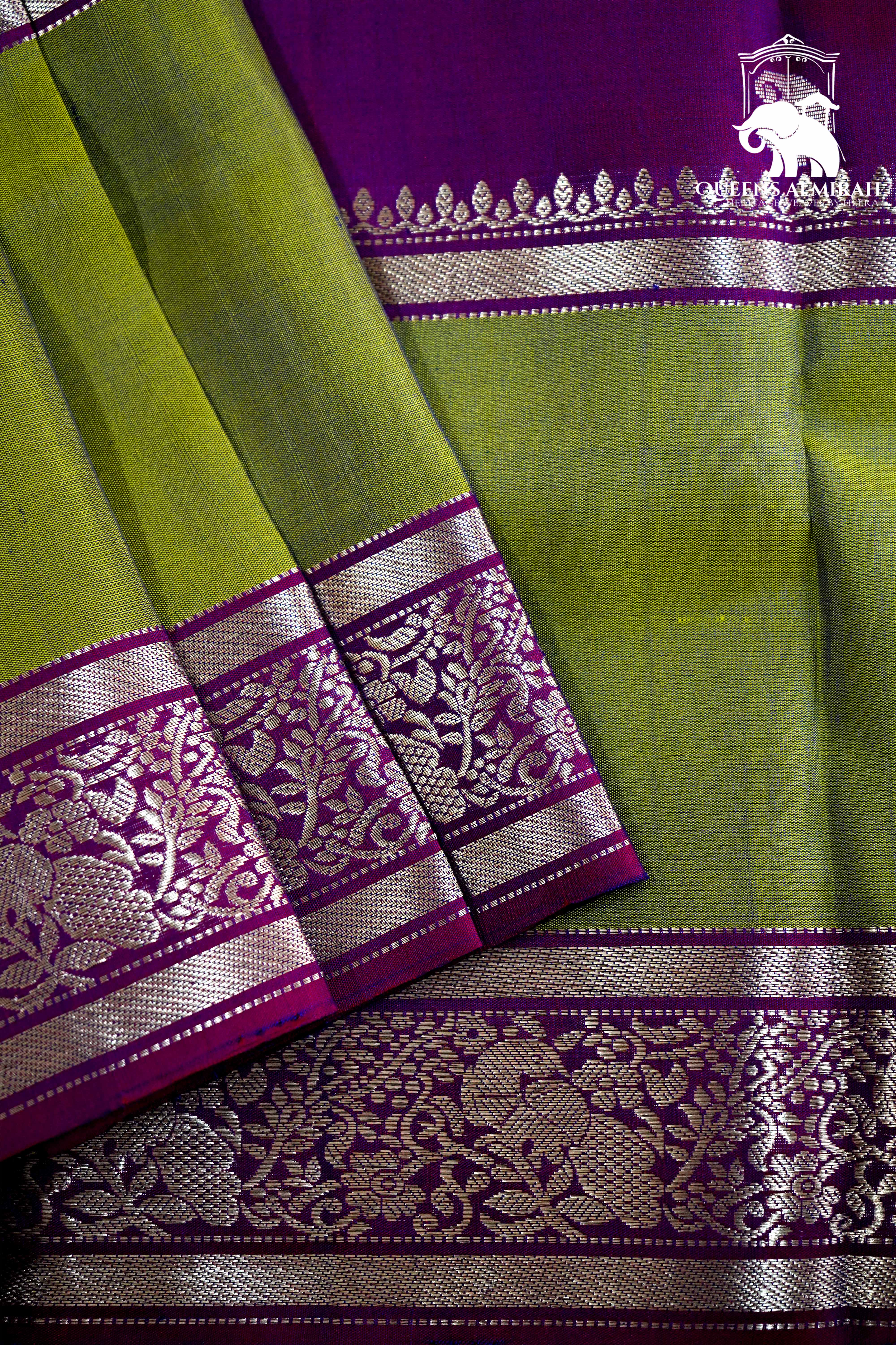 DEEP VIOLET WITH CAMO GREEN SOFT SILK SAREE - Queens Jewel Emporium