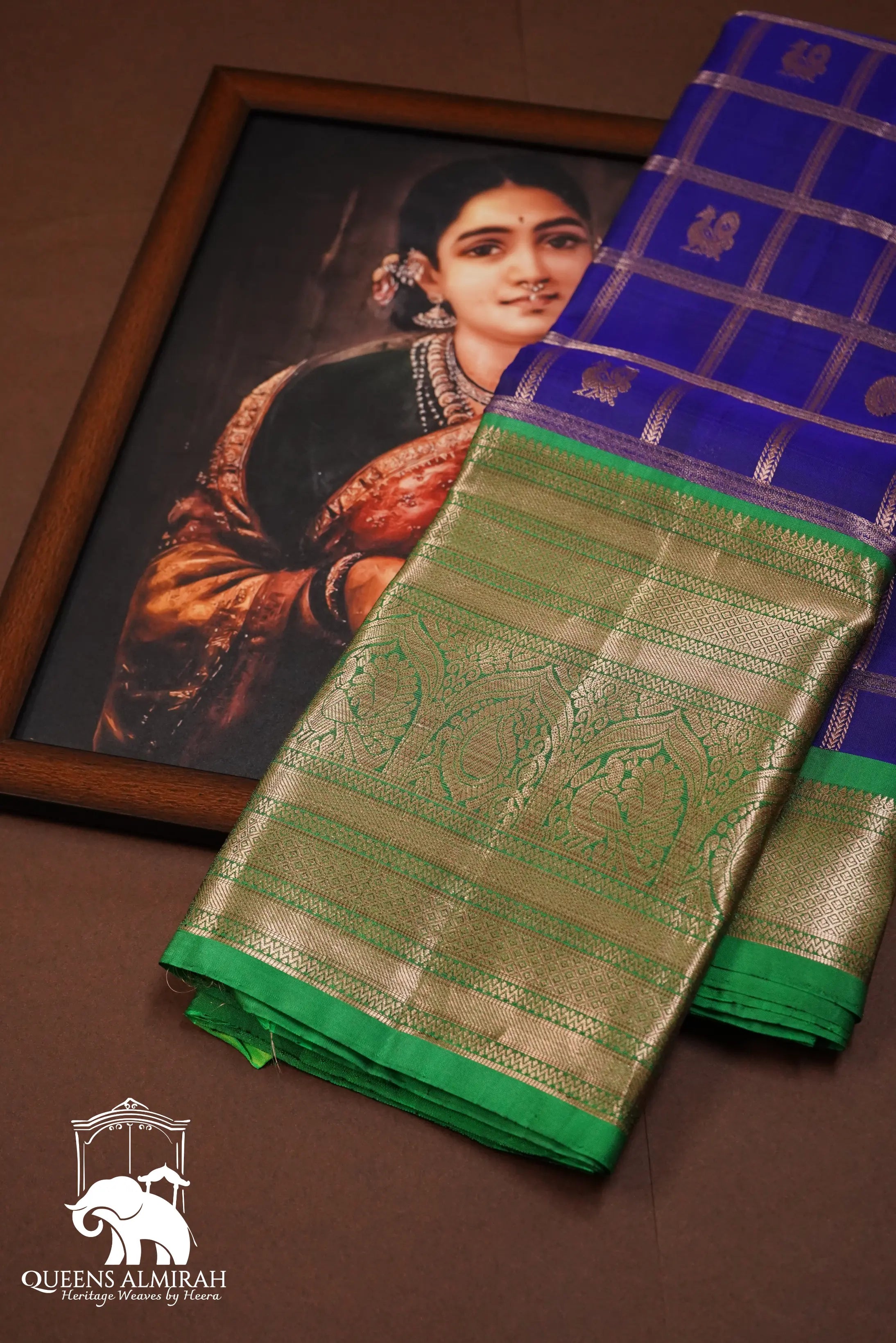 DENIM DARK BLUE WITH LIGHT FOREST GREEN PURE KANCHIVARAM SILK SAREE - Queens Jewel Emporium