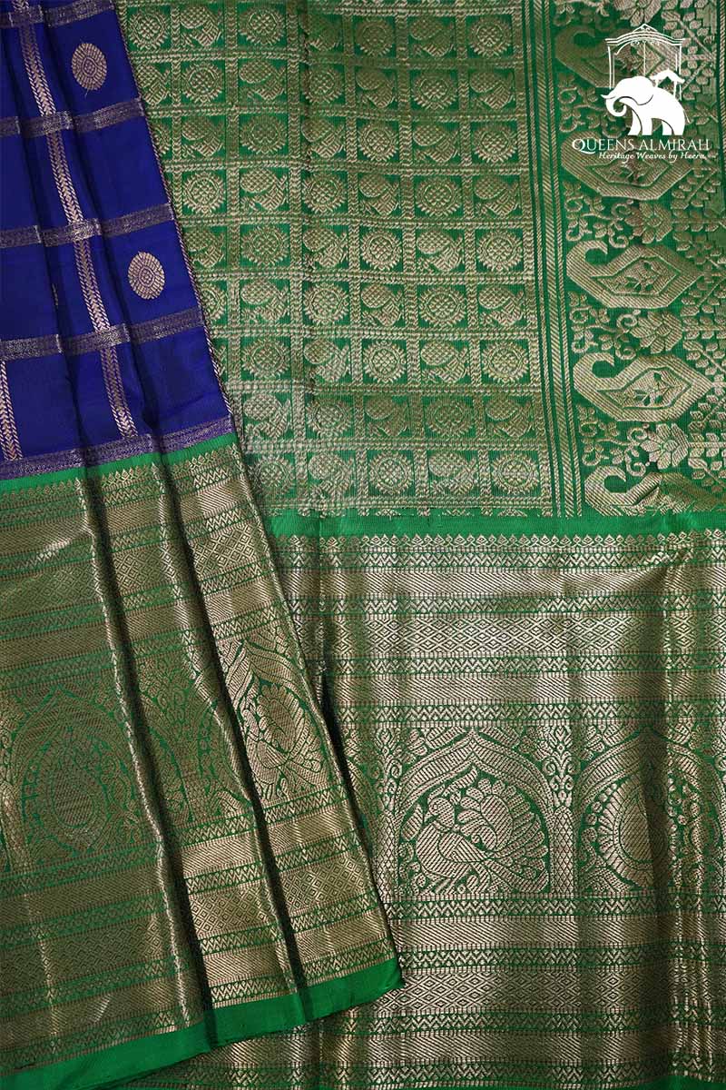 DENIM DARK BLUE WITH LIGHT FOREST GREEN PURE KANCHIVARAM SILK SAREE - Queens Jewel Emporium