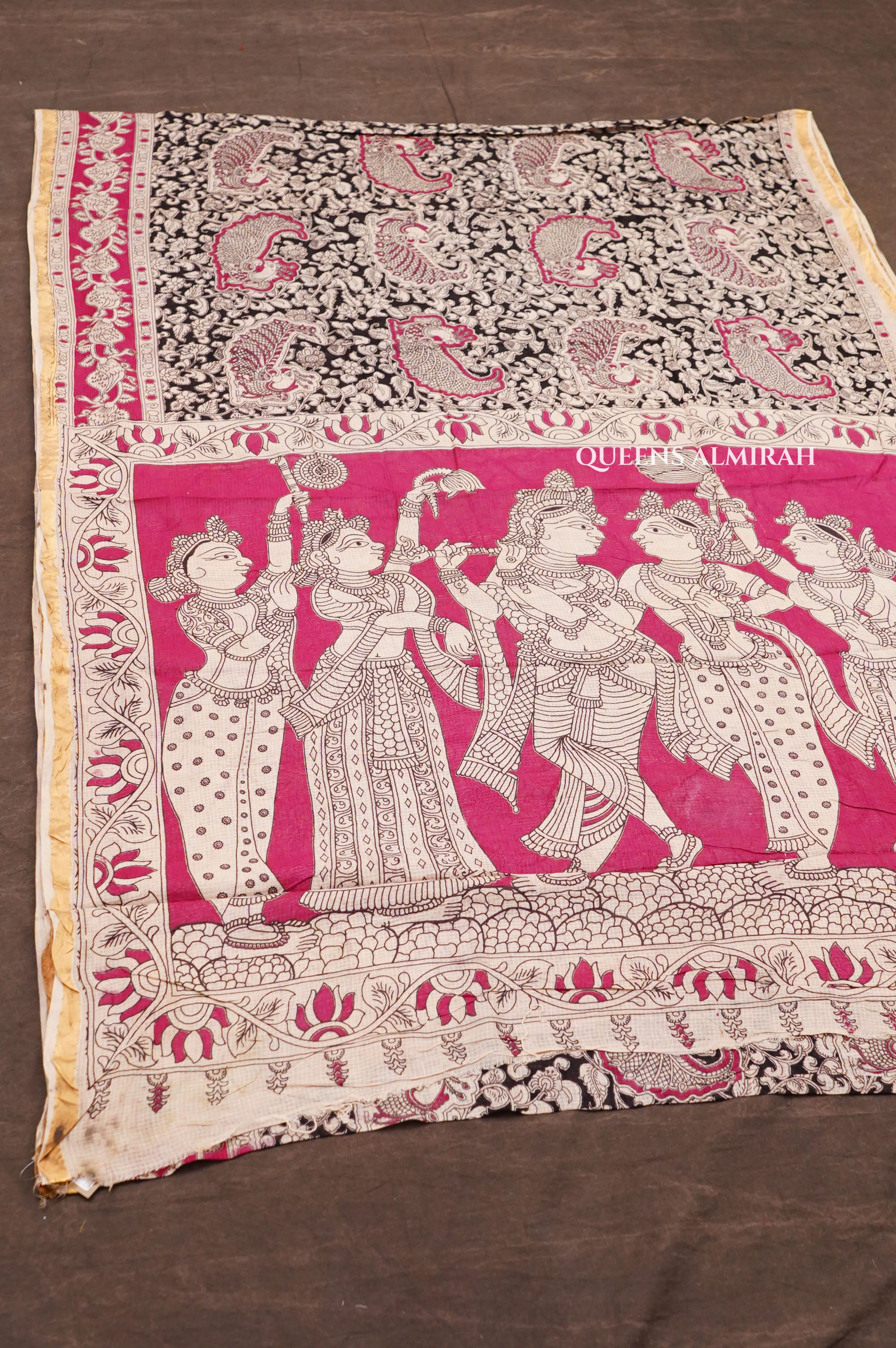 Pink With Black Kalamkari Kota Cotton Saree
