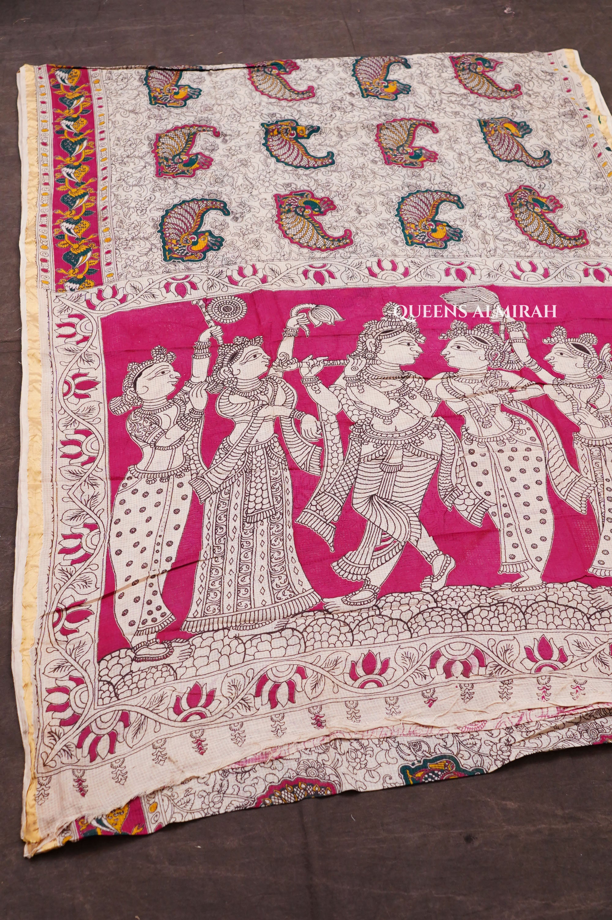 Off White With Pink Kalamkari Kota Cotton Saree
