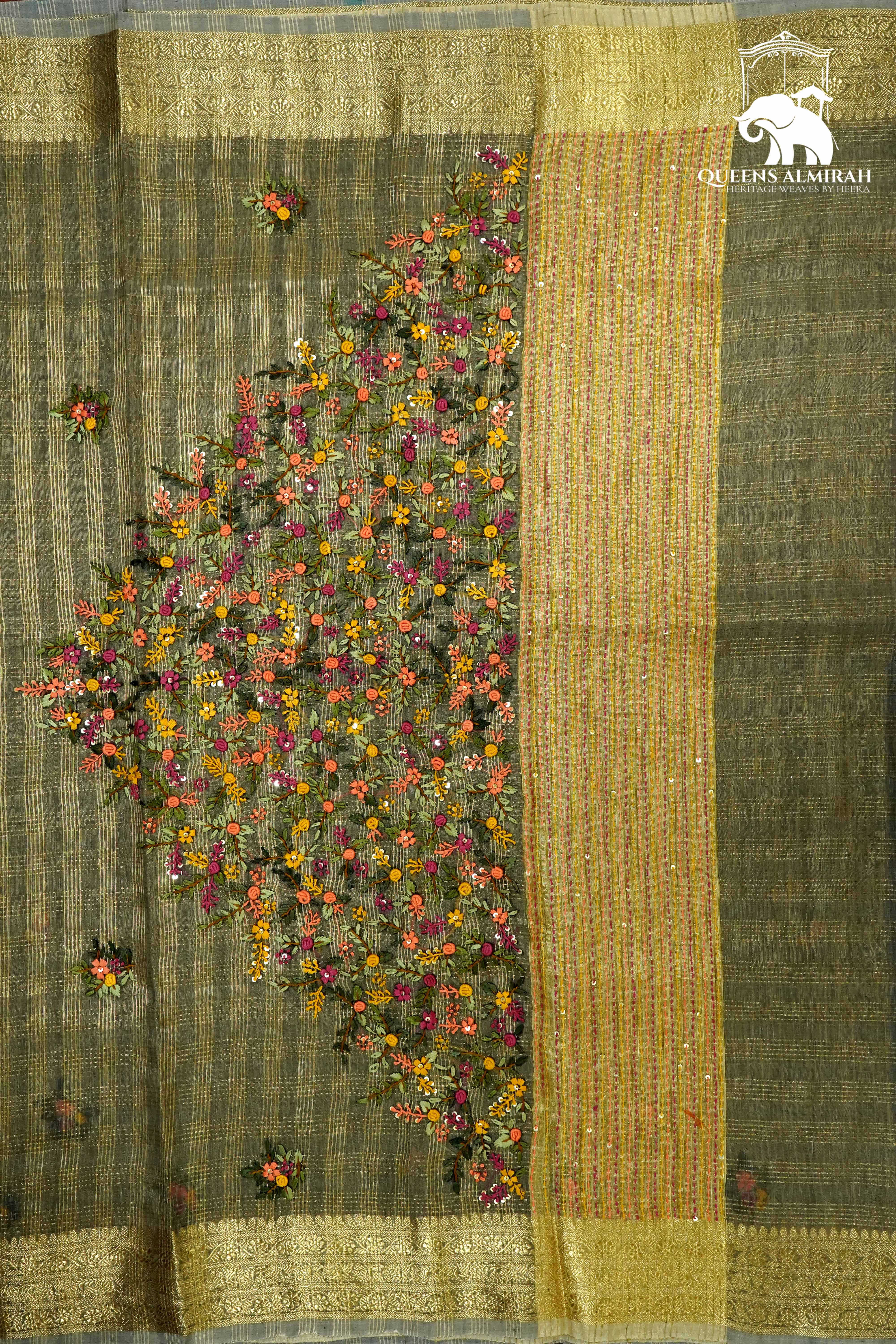 DIM GREY WITH GOLD TISSUE SAREE - Queens Jewel Emporium