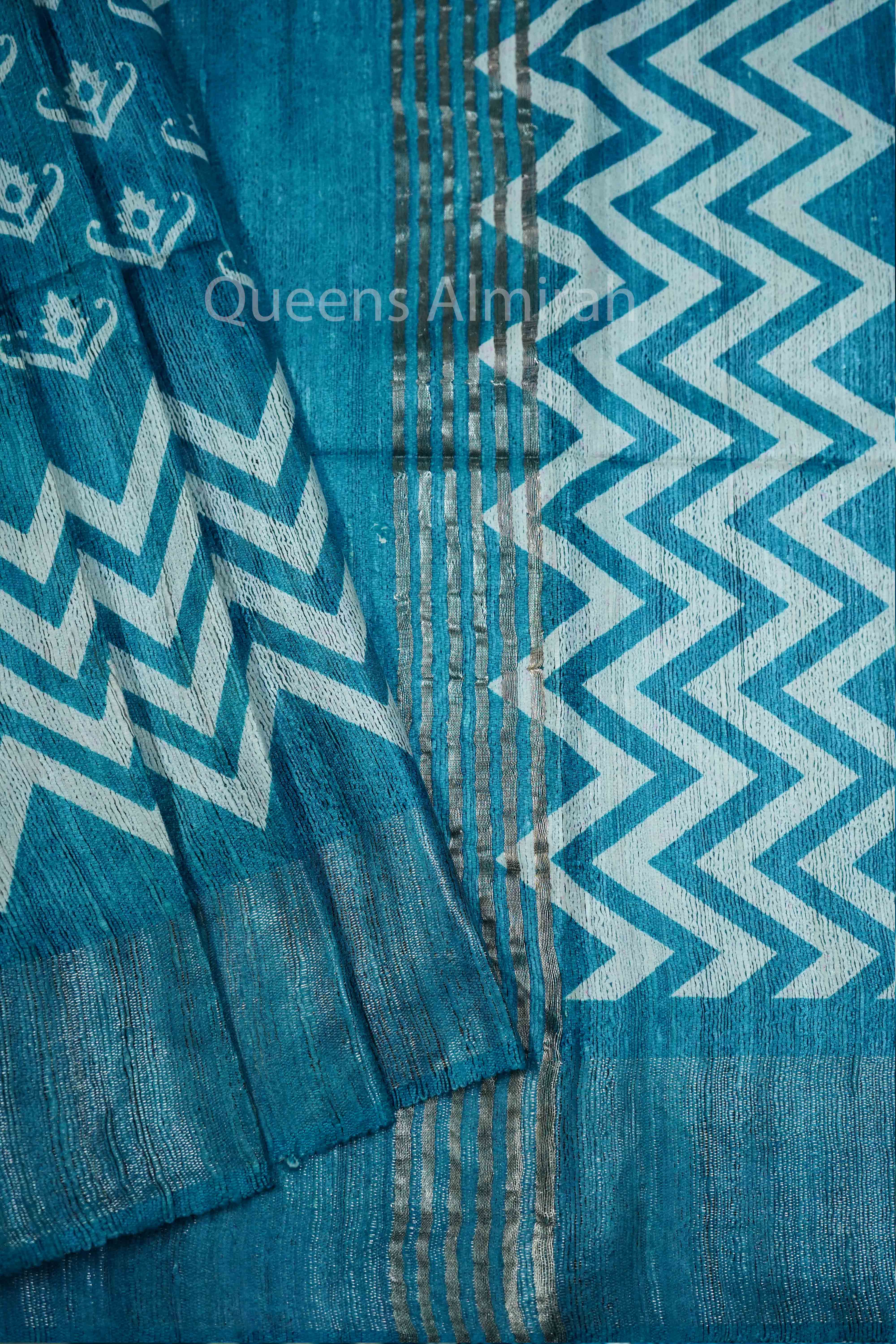DIRTY BLUE GHICHA TUSSAR SILK SAREE - Queens Jewel Emporium