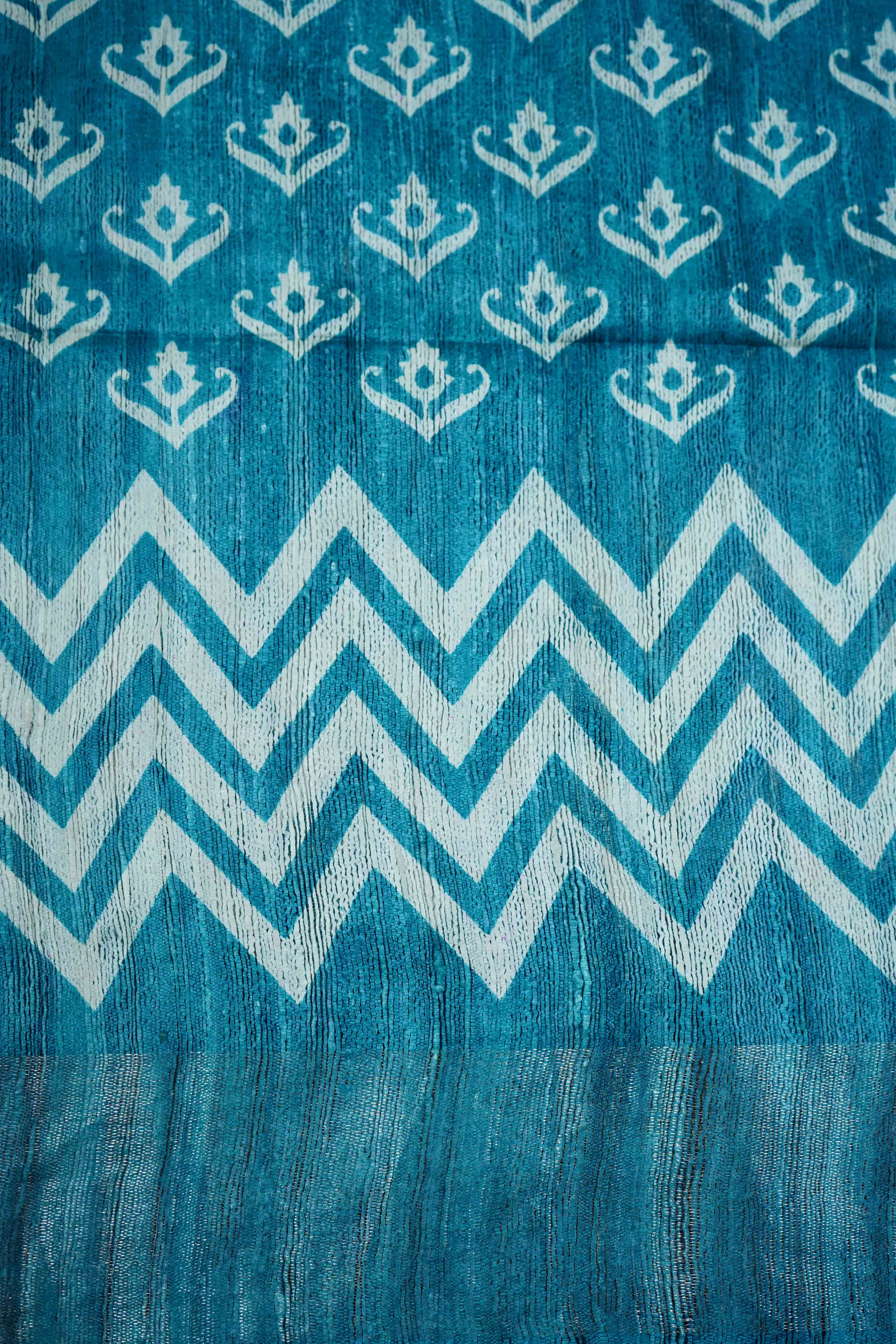 DIRTY BLUE GHICHA TUSSAR SILK SAREE - Queens Jewel Emporium