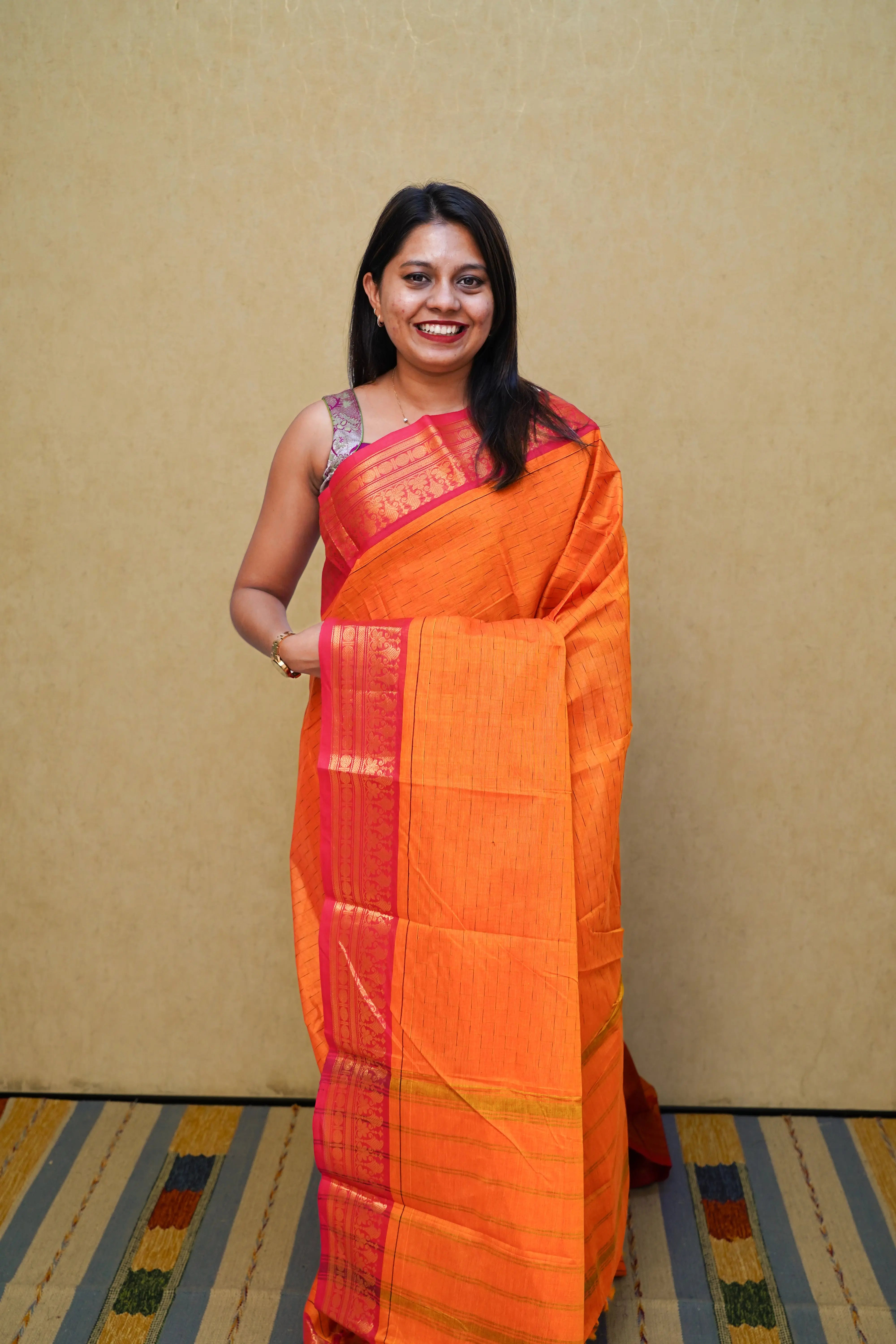 DIRTY ORANGE WITH PINKISH RED KANCHI COTTON SAREE - Queens Jewel Emporium