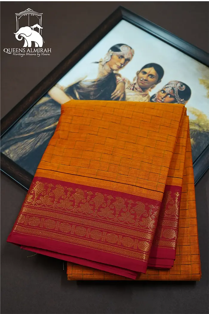 DIRTY ORANGE WITH PINKISH RED KANCHI COTTON SAREE - Queens Jewel Emporium