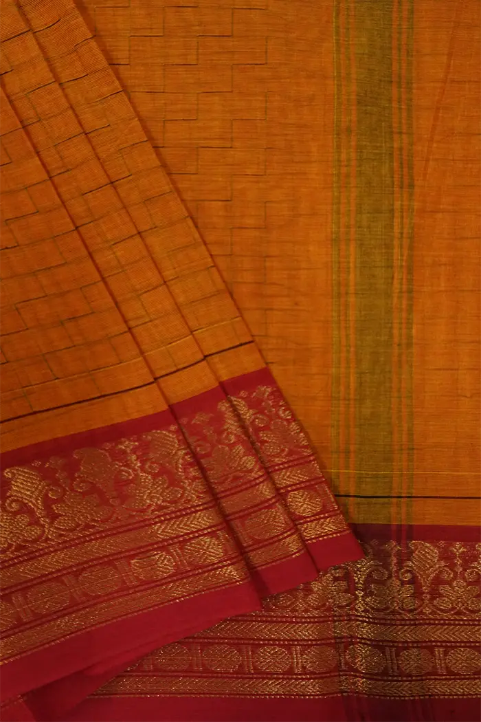 DIRTY ORANGE WITH PINKISH RED KANCHI COTTON SAREE - Queens Jewel Emporium