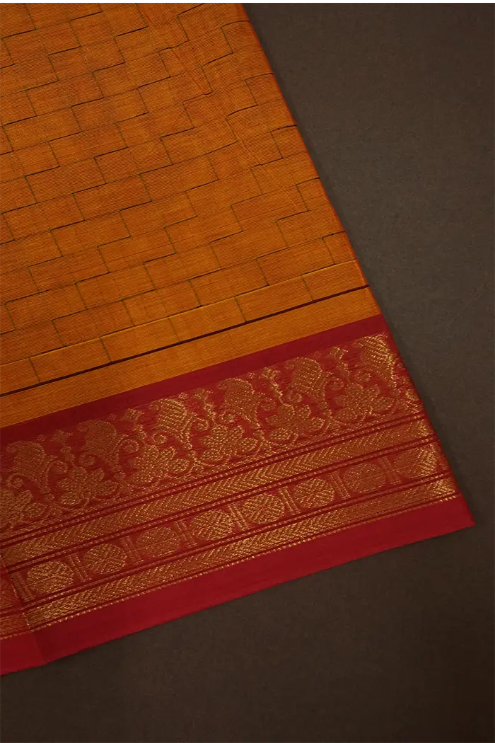 DIRTY ORANGE WITH PINKISH RED KANCHI COTTON SAREE - Queens Jewel Emporium