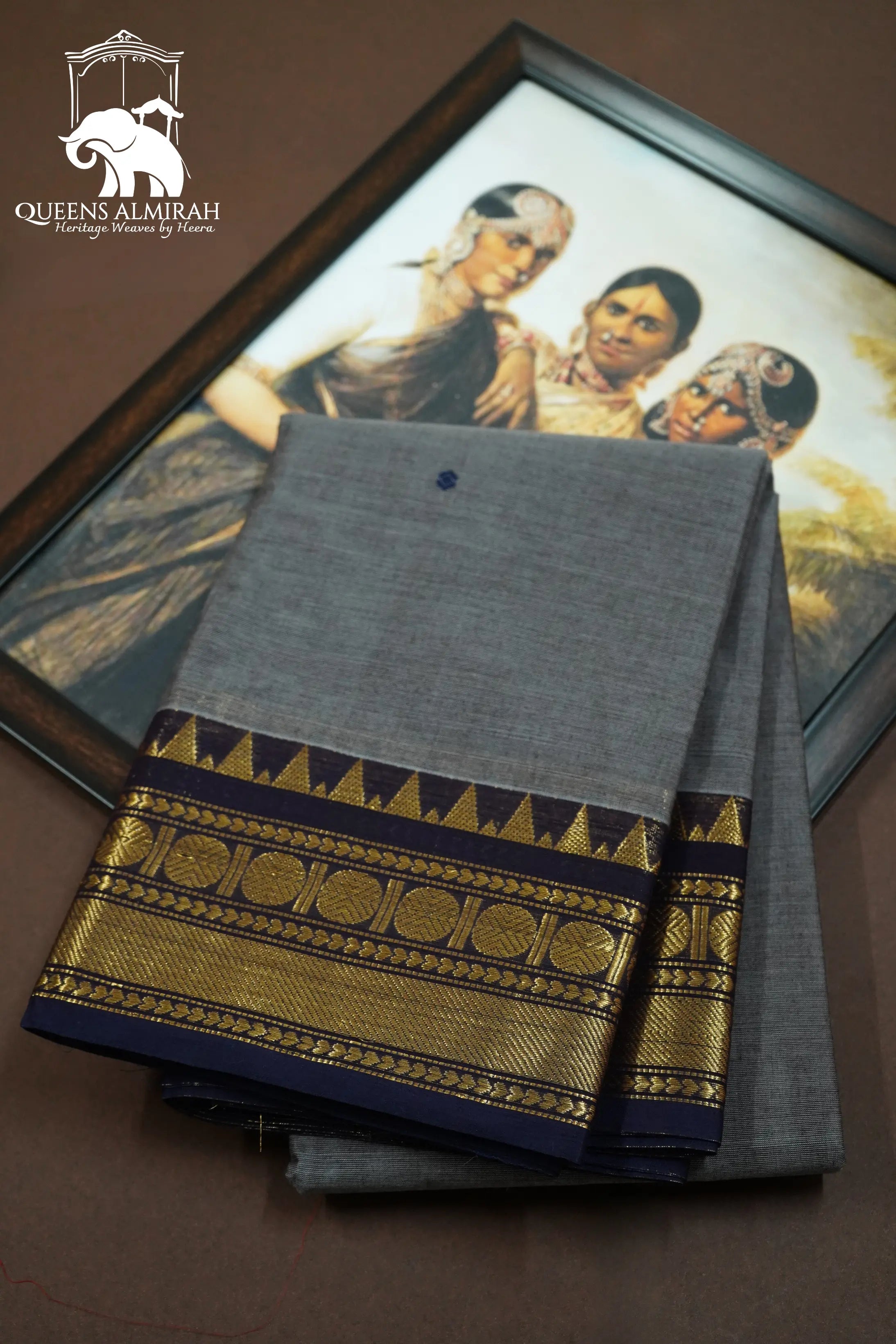 DOVE GREY WITH DARK BLUE KANCHI COTTON SAREE - Queens Jewel Emporium