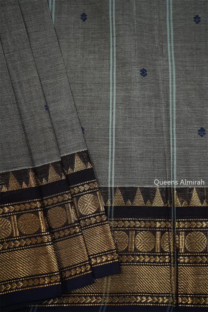 DOVE GREY WITH DARK BLUE KANCHI COTTON SAREE - Queens Jewel Emporium