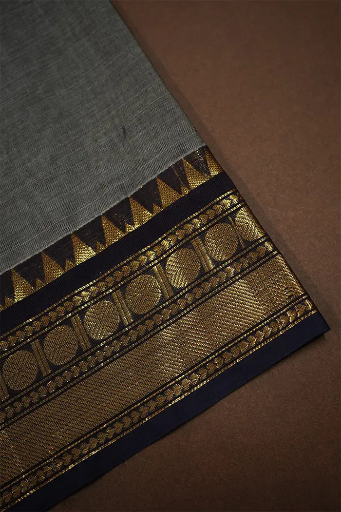 DOVE GREY WITH DARK BLUE KANCHI COTTON SAREE - Queens Jewel Emporium