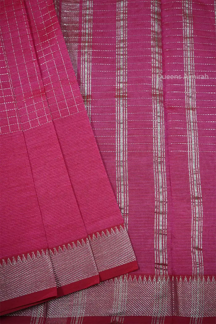 DRAGON FRUIT PINK CHECKS MANGALGIRI SAREE - Queens Jewel Emporium