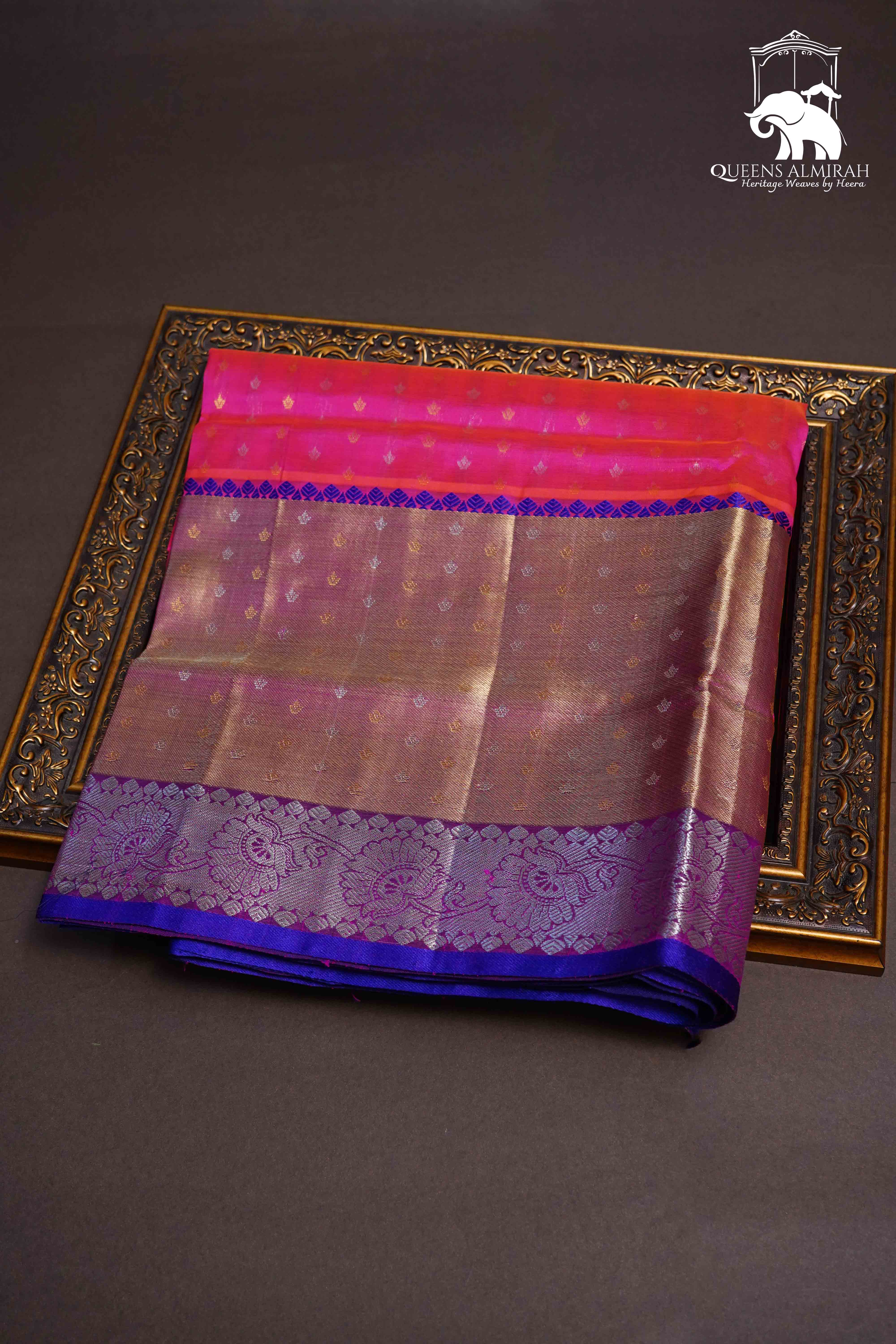 DRAGON FRUIT PINK WITH ROYAL BLUE PURE SILK COTTON SAREE - Queens Jewel Emporium
