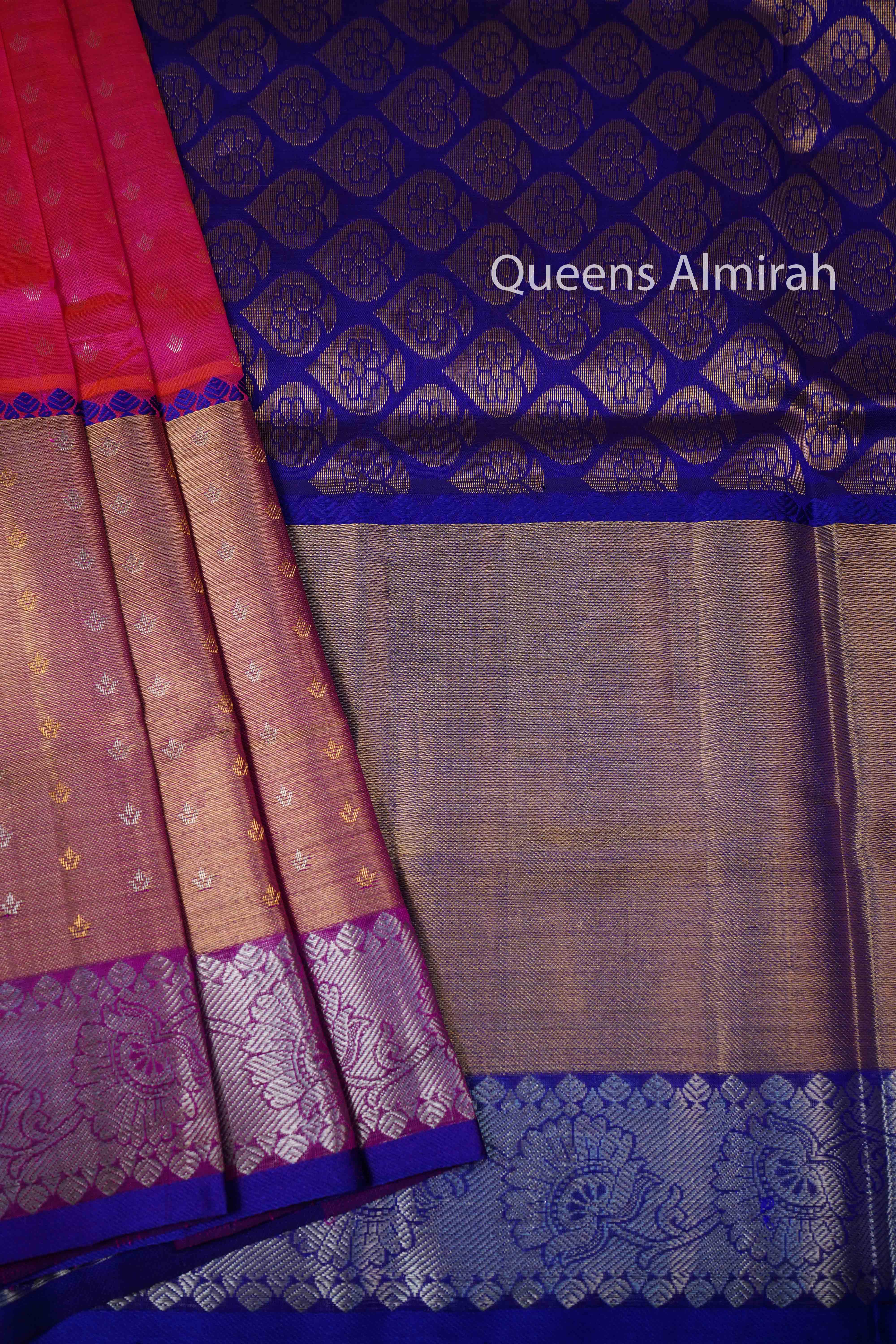DRAGON FRUIT PINK WITH ROYAL BLUE PURE SILK COTTON SAREE - Queens Jewel Emporium
