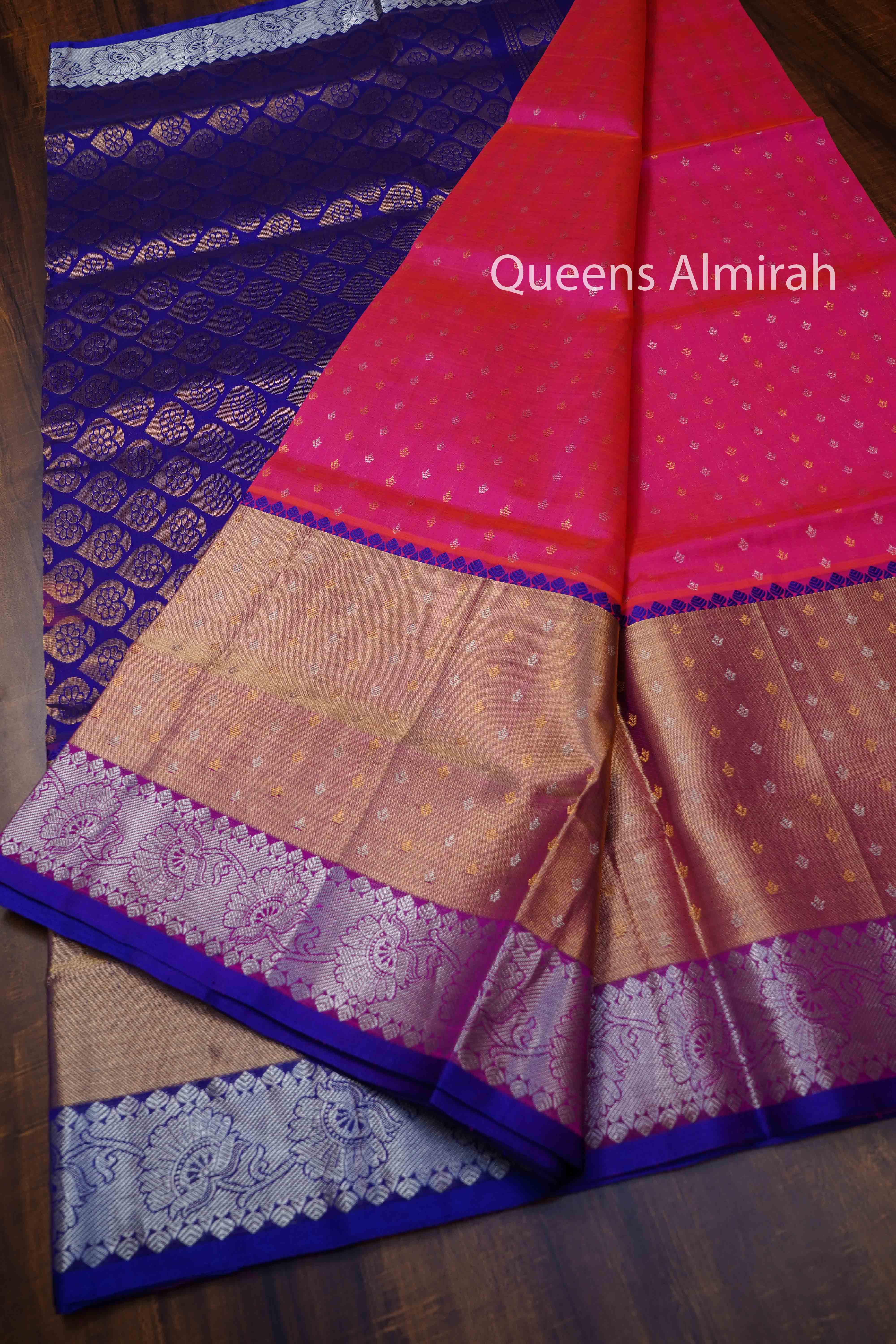 DRAGON FRUIT PINK WITH ROYAL BLUE PURE SILK COTTON SAREE - Queens Jewel Emporium