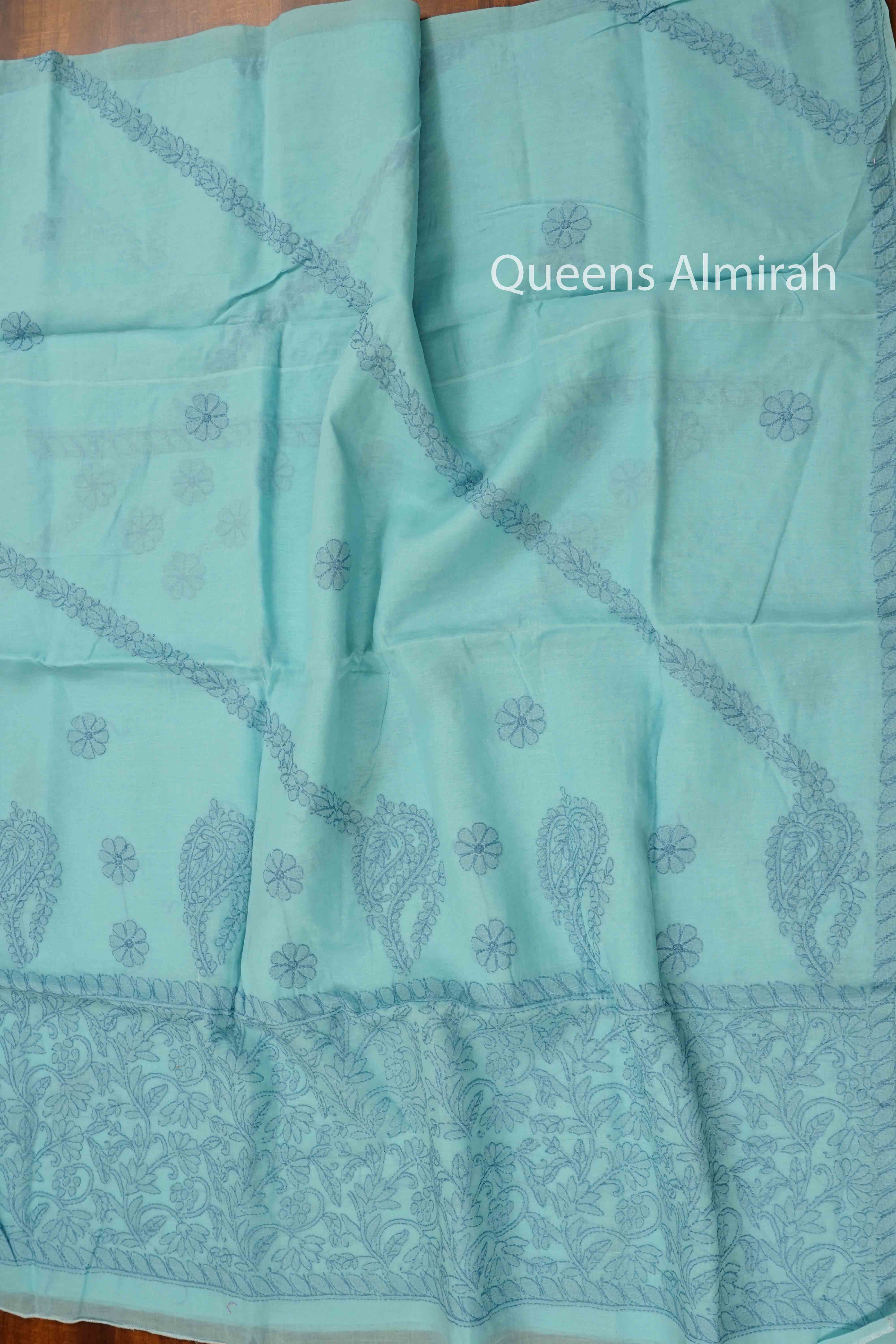 DUSKY BLUE CHIKANKARI SAREE - Queens Jewel Emporium
