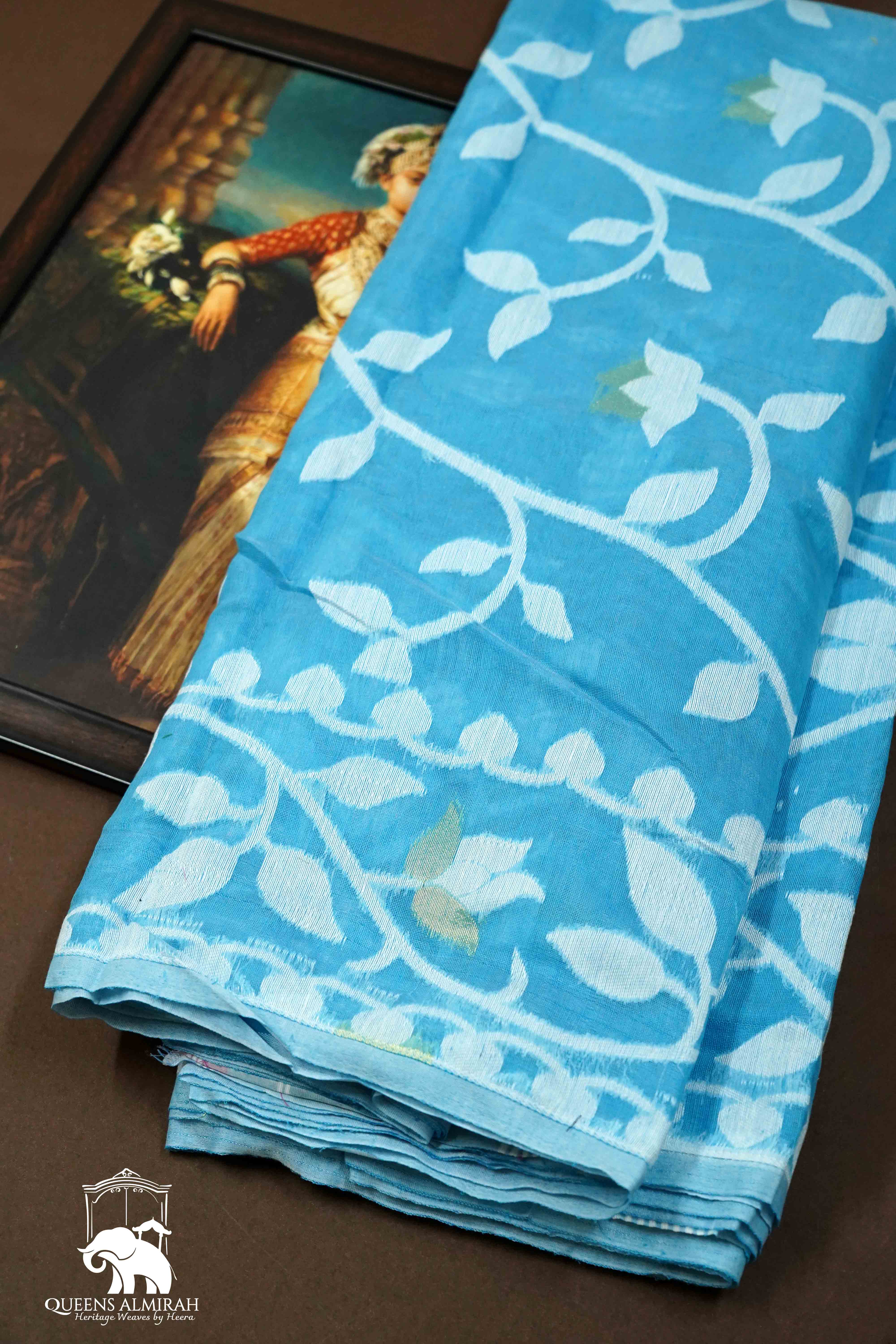 DUSKY BLUE JAMDANI COTTON SAREE - Queens Jewel Emporium