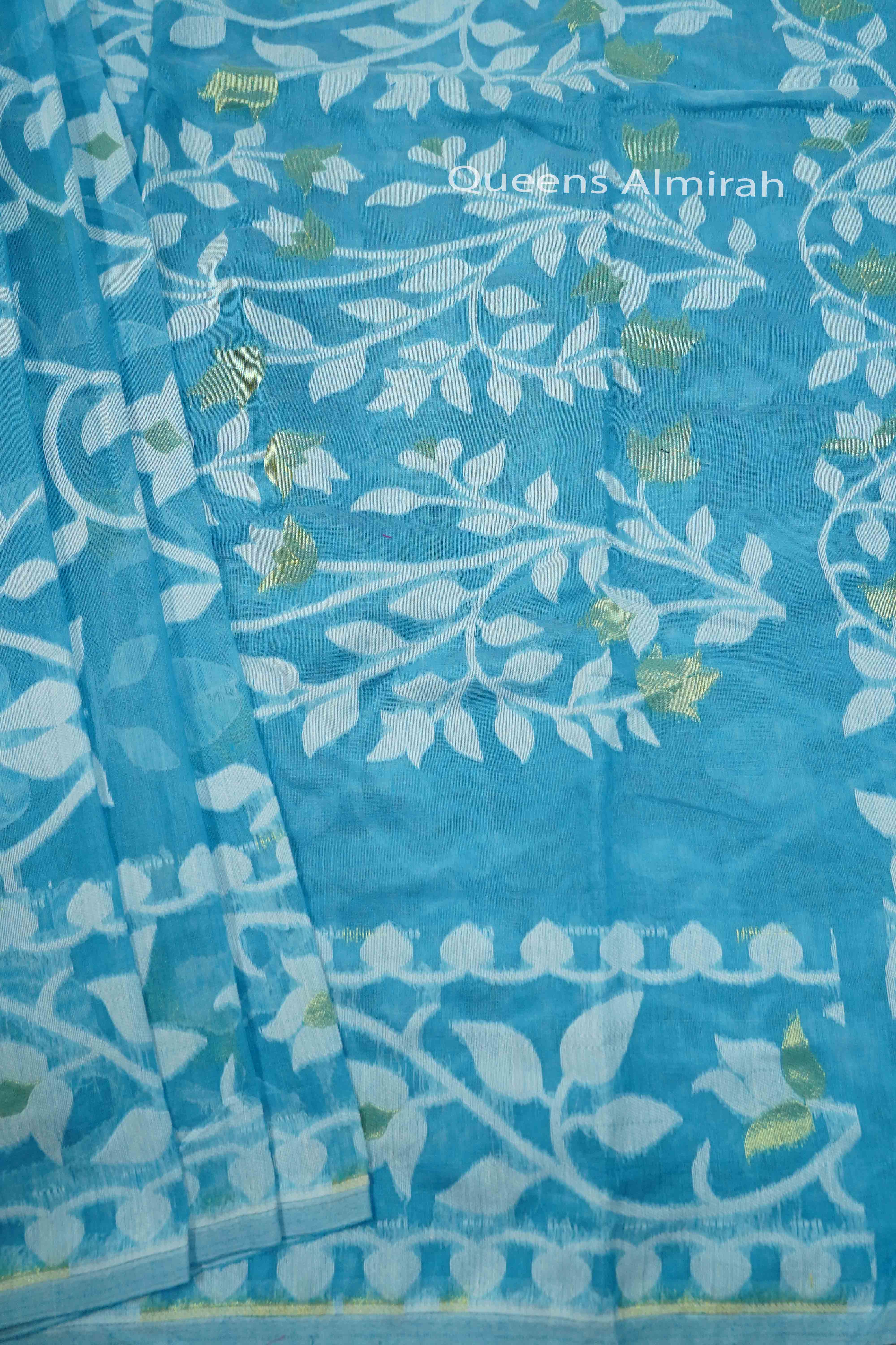 DUSKY BLUE JAMDANI COTTON SAREE - Queens Jewel Emporium