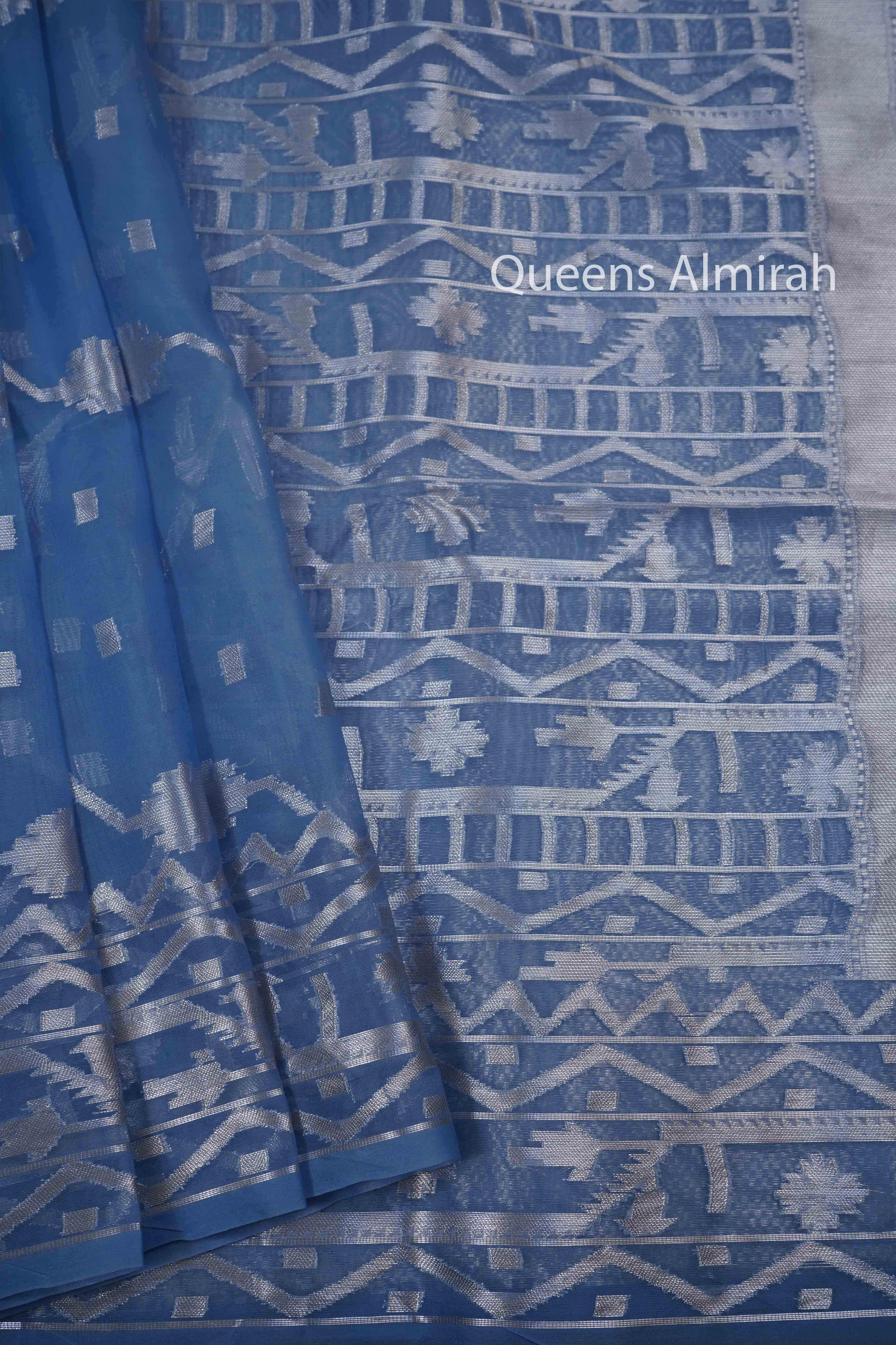 DUSKY BLUE MUSLIN JAMDANI SAREE - Queens Jewel Emporium