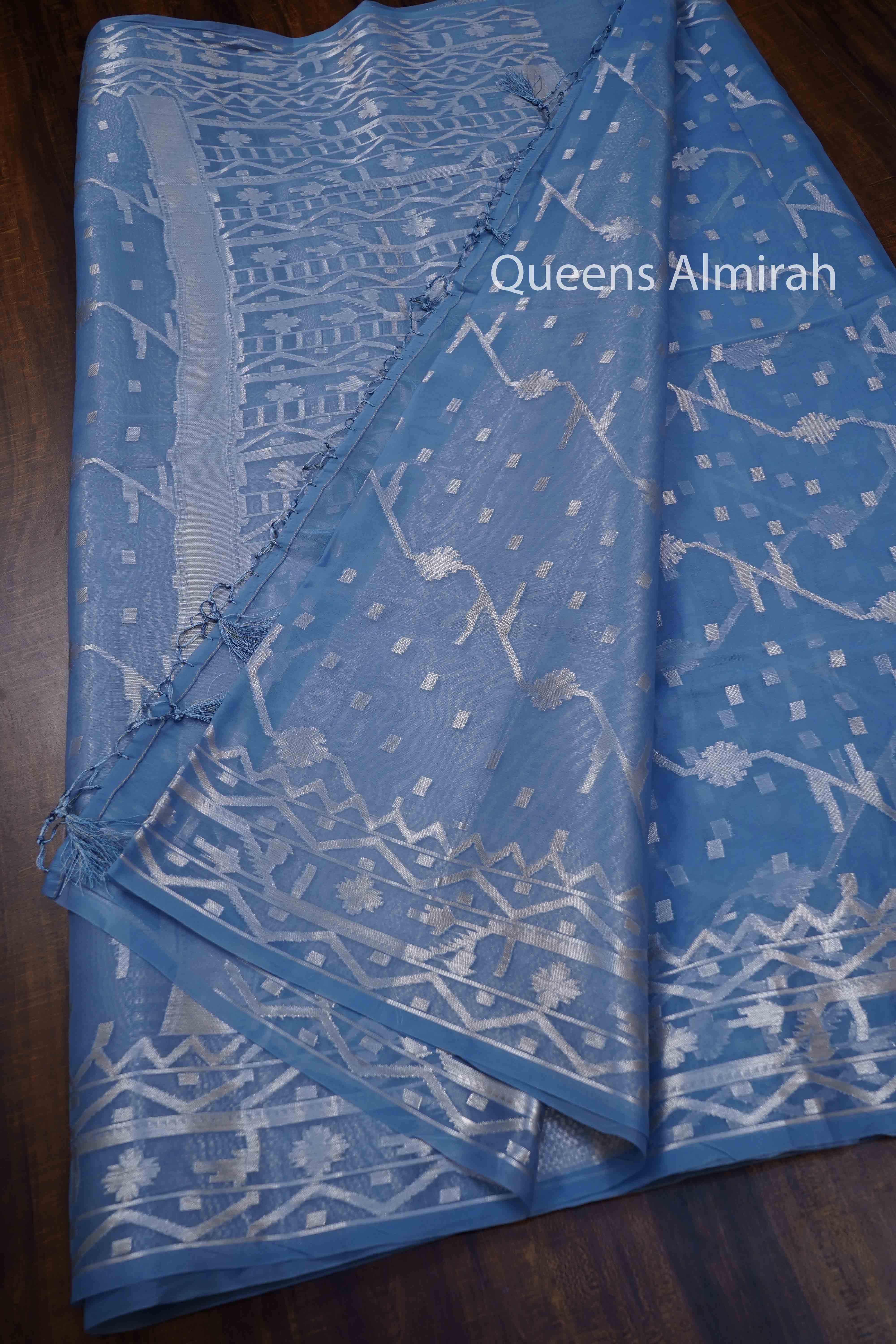 DUSKY BLUE MUSLIN JAMDANI SAREE - Queens Jewel Emporium