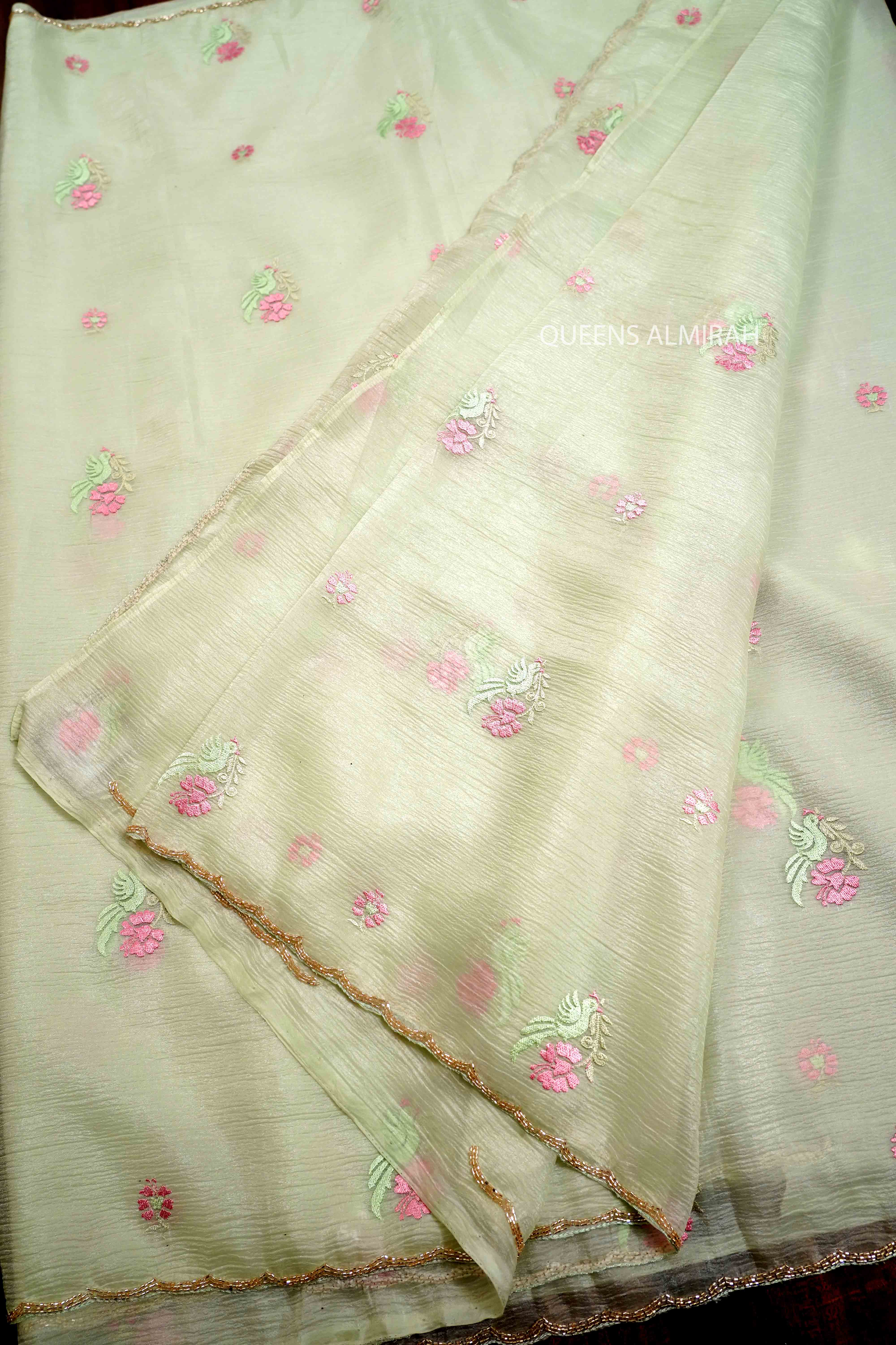 DUSKY GREEN GLASS TISSUE SAREE - Queens Jewel Emporium