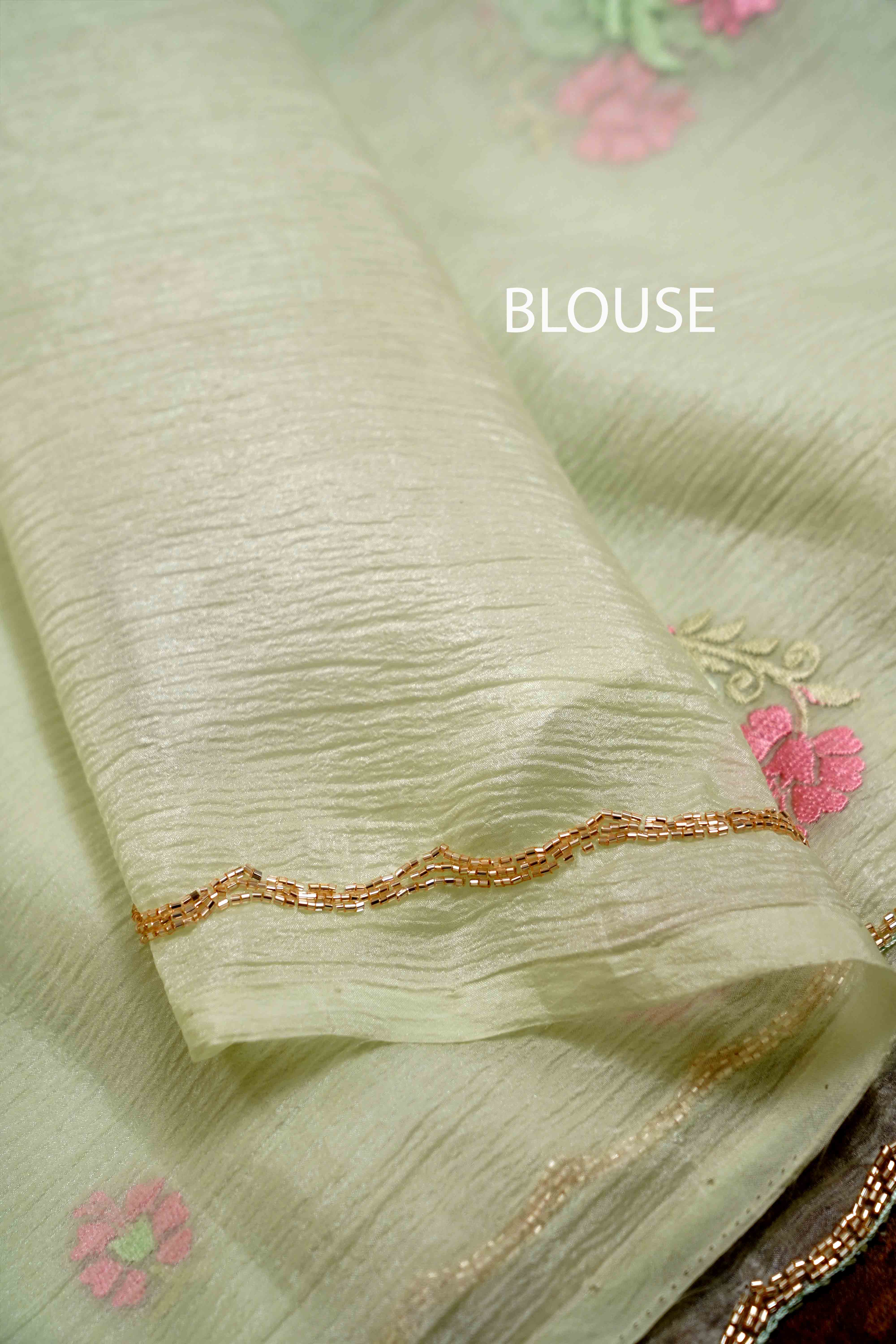 DUSKY GREEN GLASS TISSUE SAREE - Queens Jewel Emporium