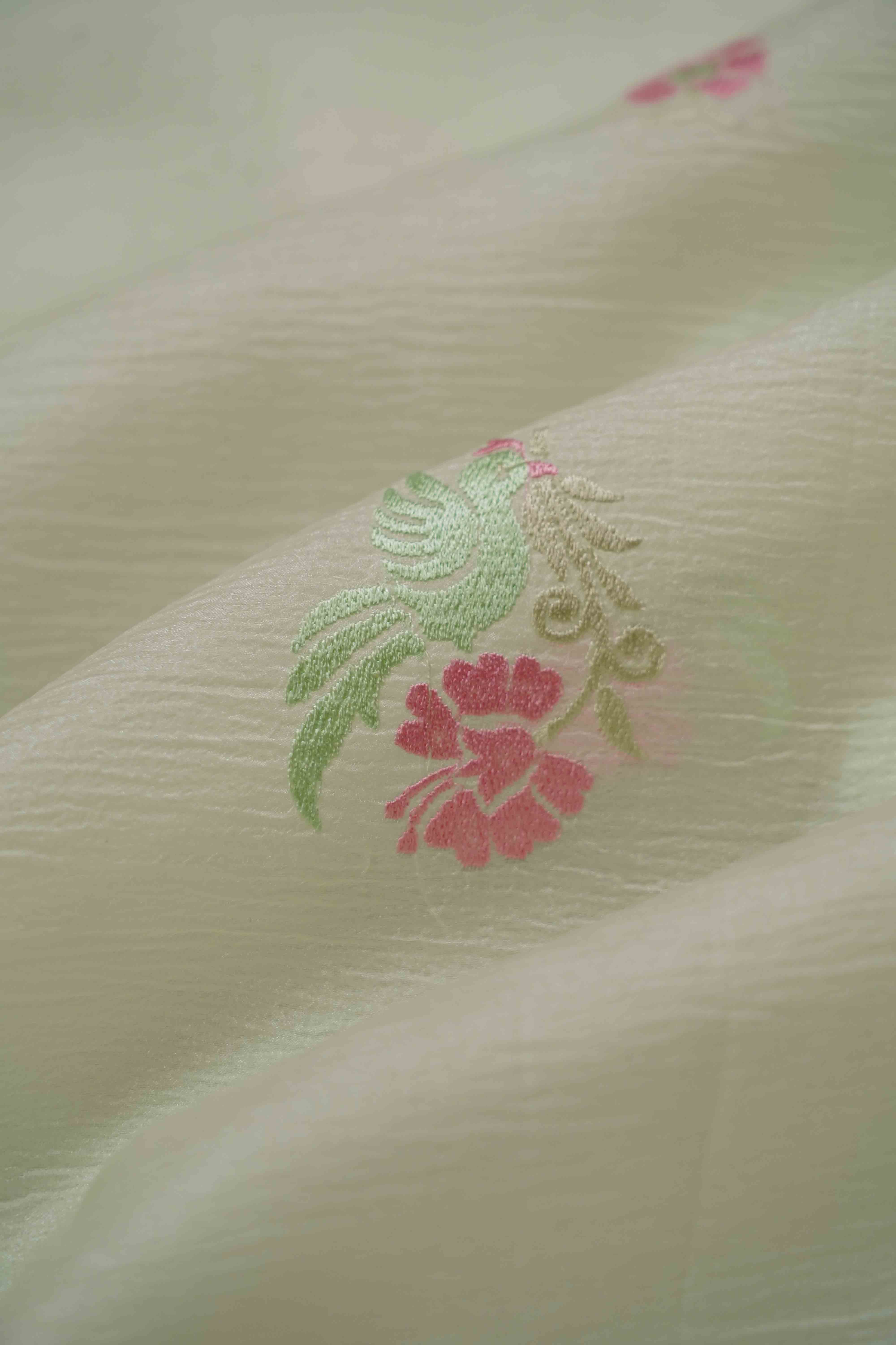 DUSKY GREEN GLASS TISSUE SAREE - Queens Jewel Emporium
