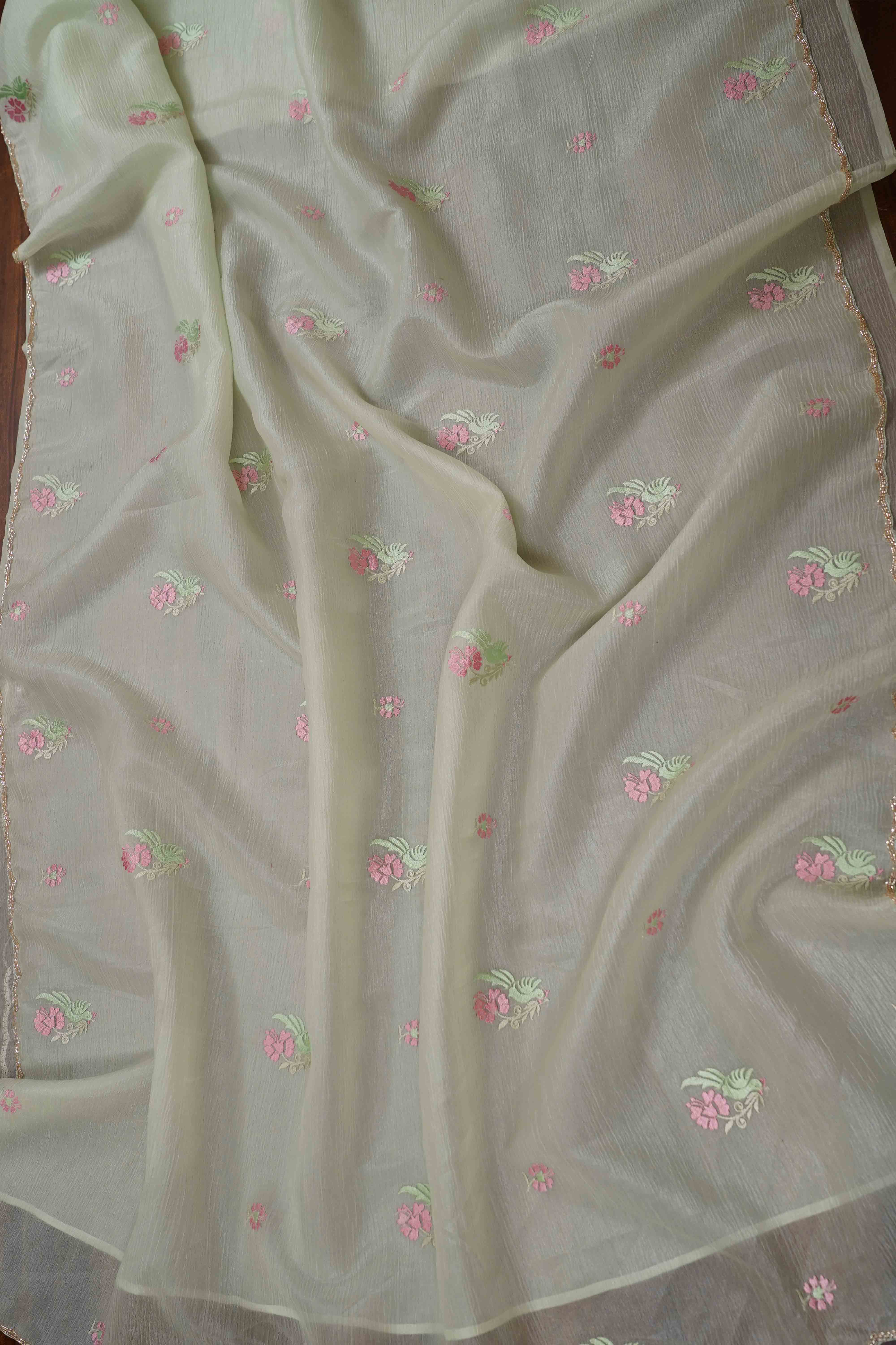 DUSKY GREEN GLASS TISSUE SAREE - Queens Jewel Emporium
