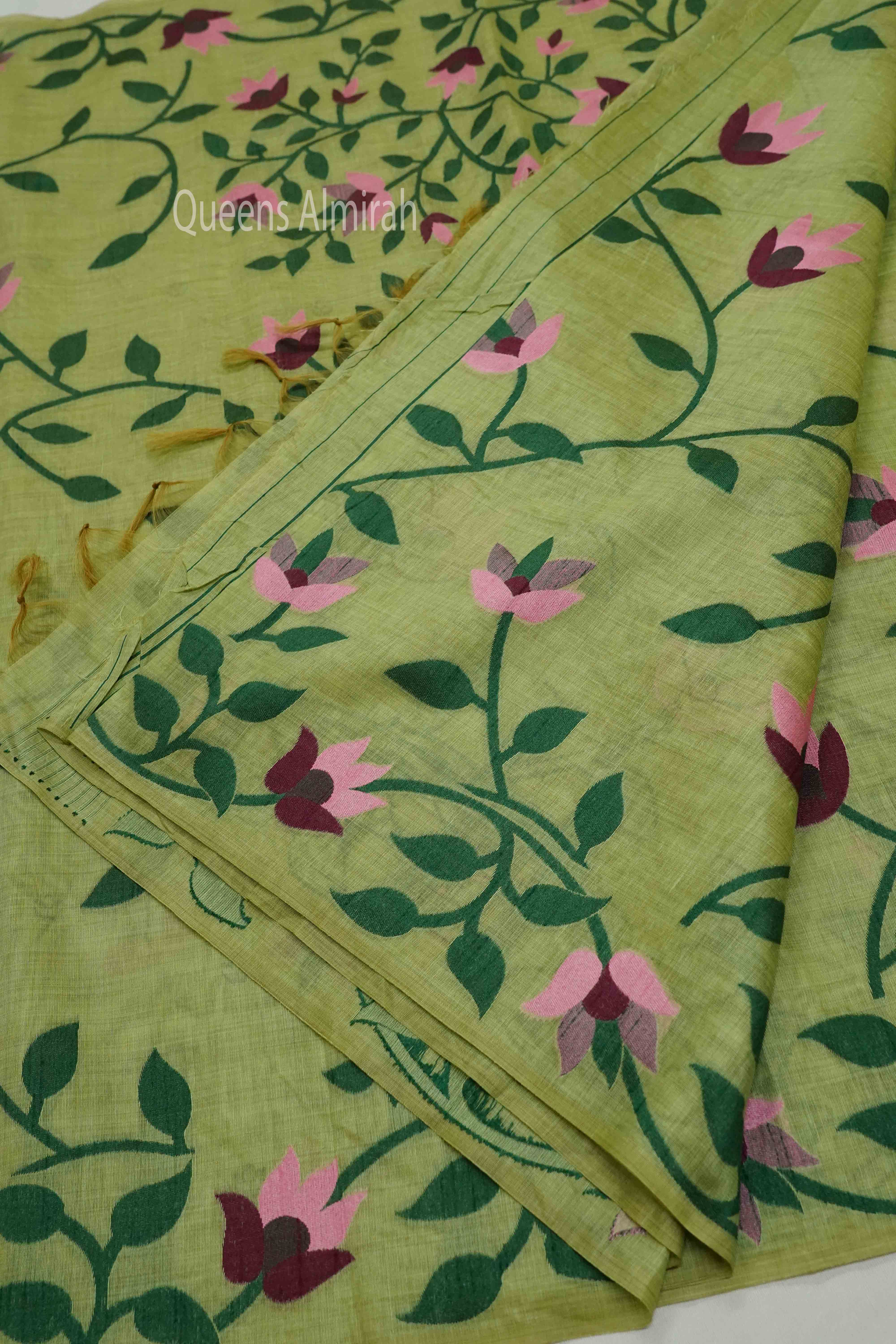 DUSKY GREEN JAMDANI TUSSAR SILK SAREE - Queens Jewel Emporium