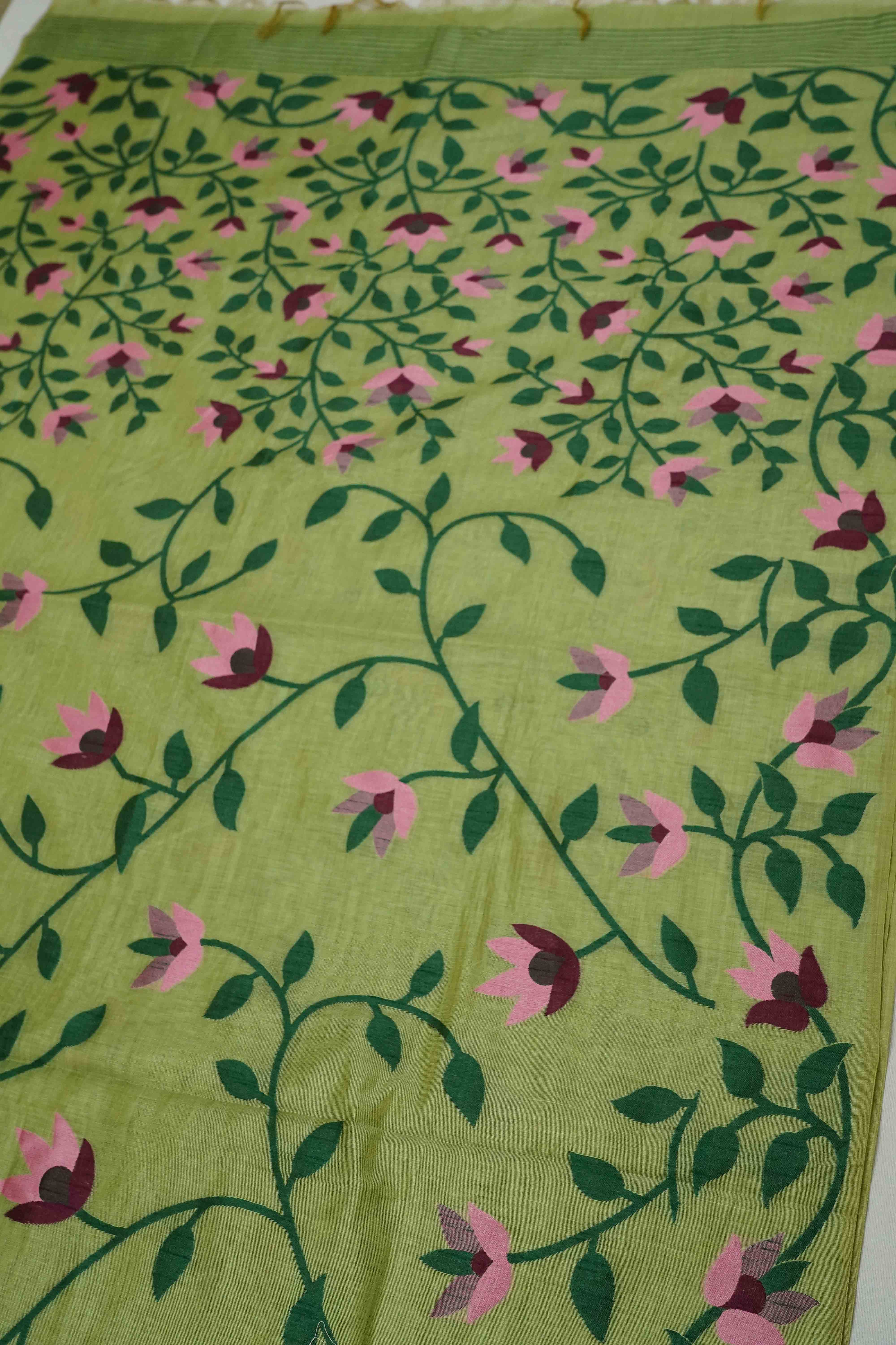 DUSKY GREEN JAMDANI TUSSAR SILK SAREE - Queens Jewel Emporium
