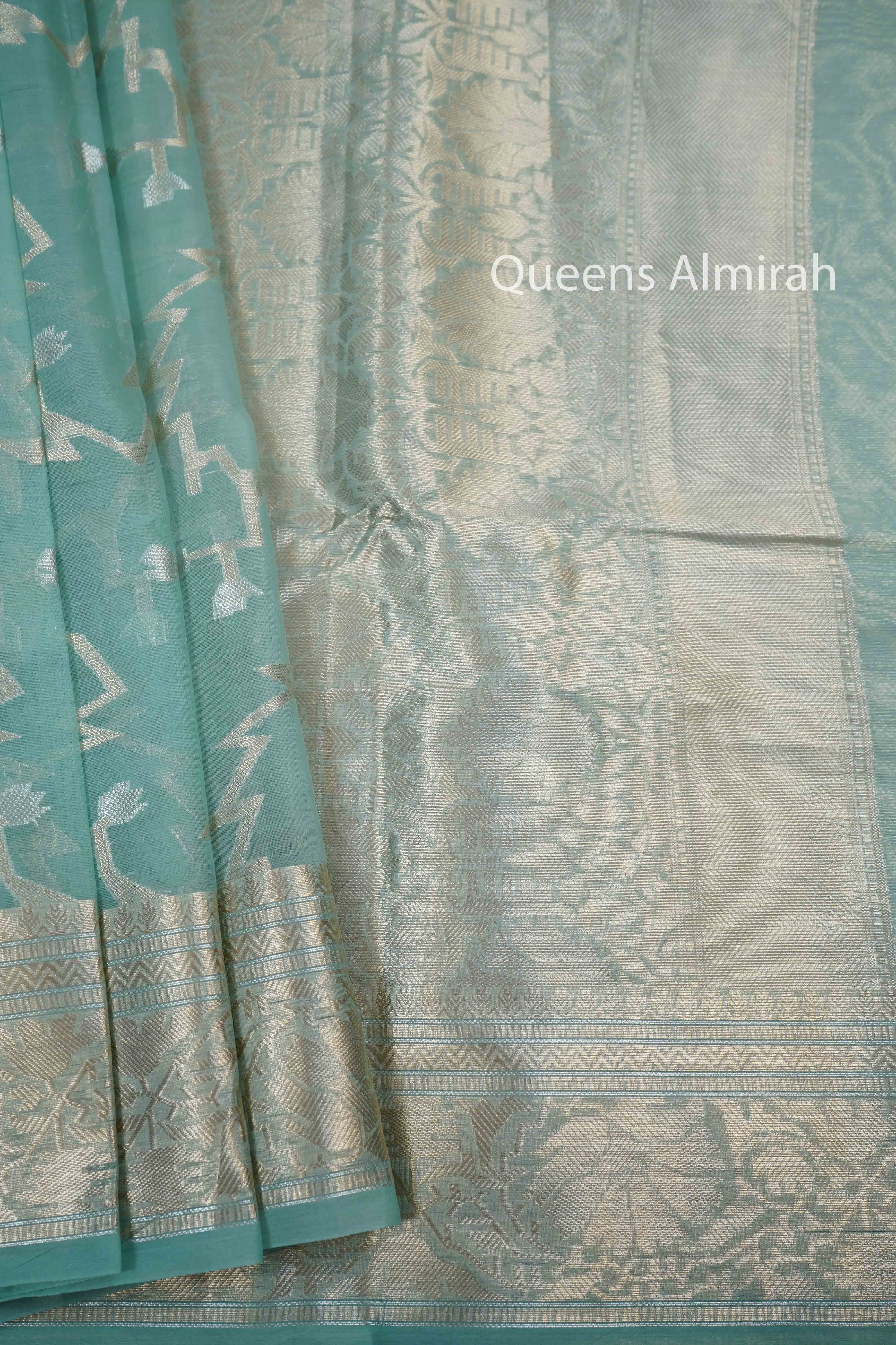 DUSKY GREEN MUSLIN JAMDANI SAREE - Queens Jewel Emporium