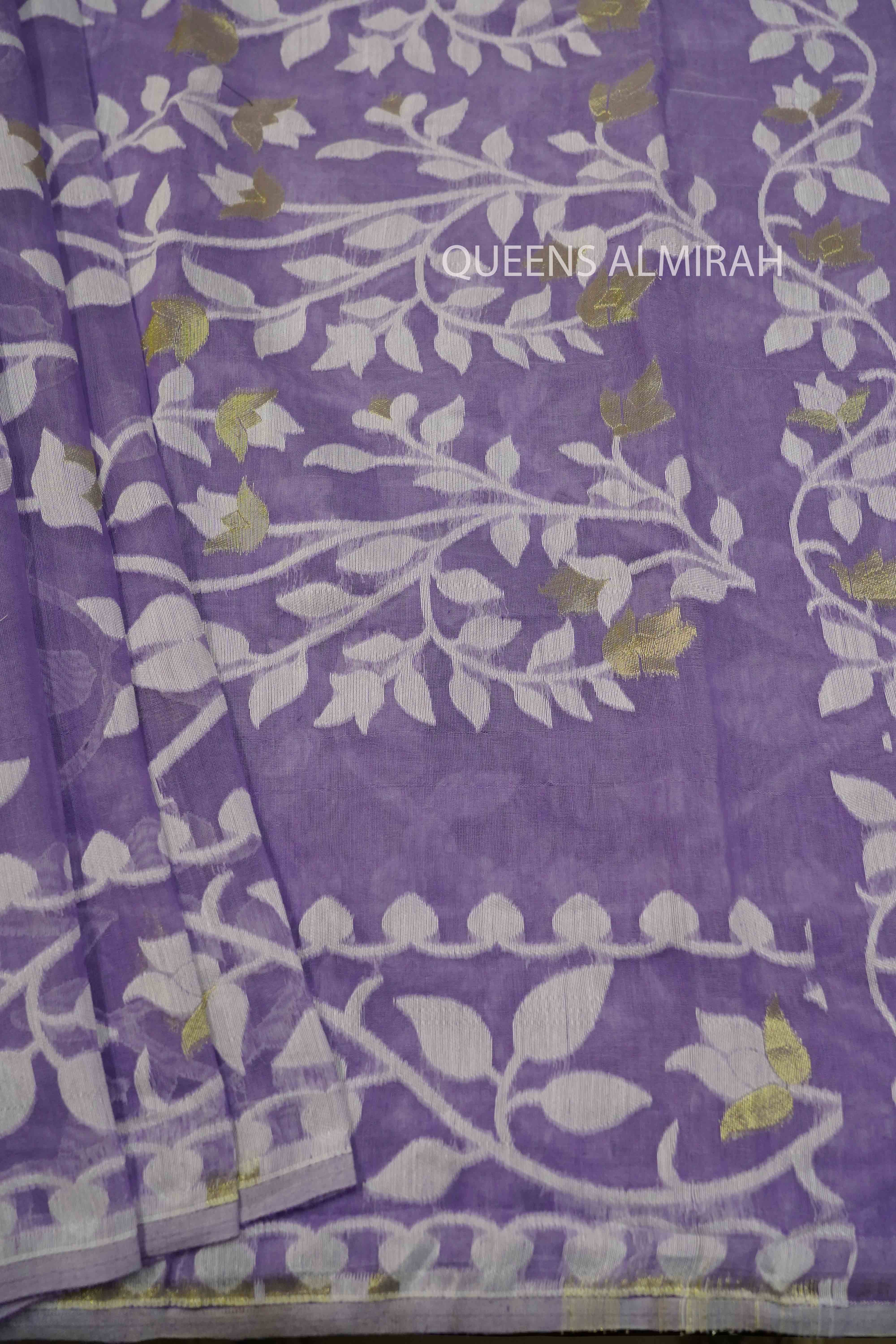 DUSKY LAVENDER JAMDANI COTTON SAREE - Queens Jewel Emporium