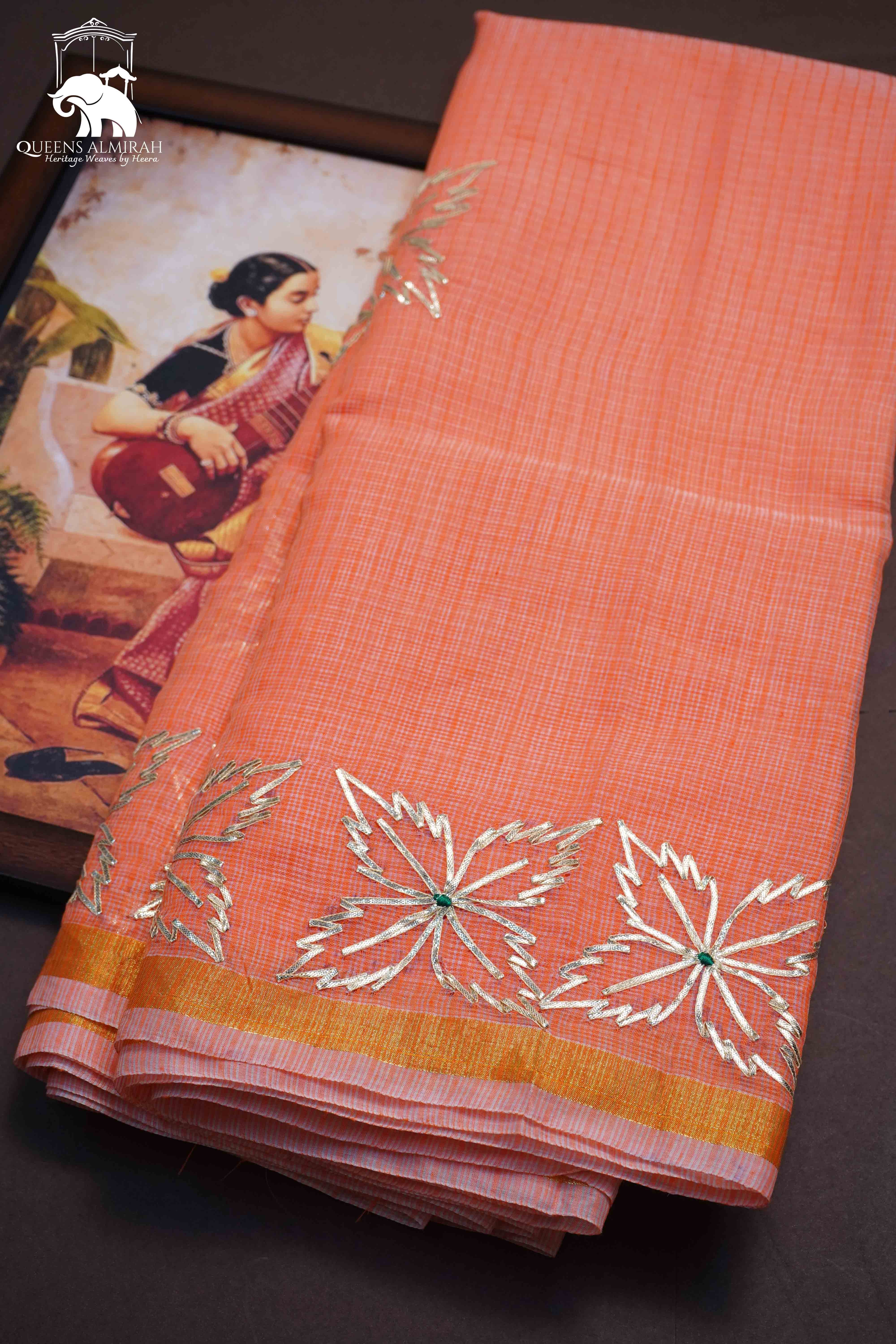 DUSKY ORANGE KOTA COTTON SAREE - Queens Jewel Emporium