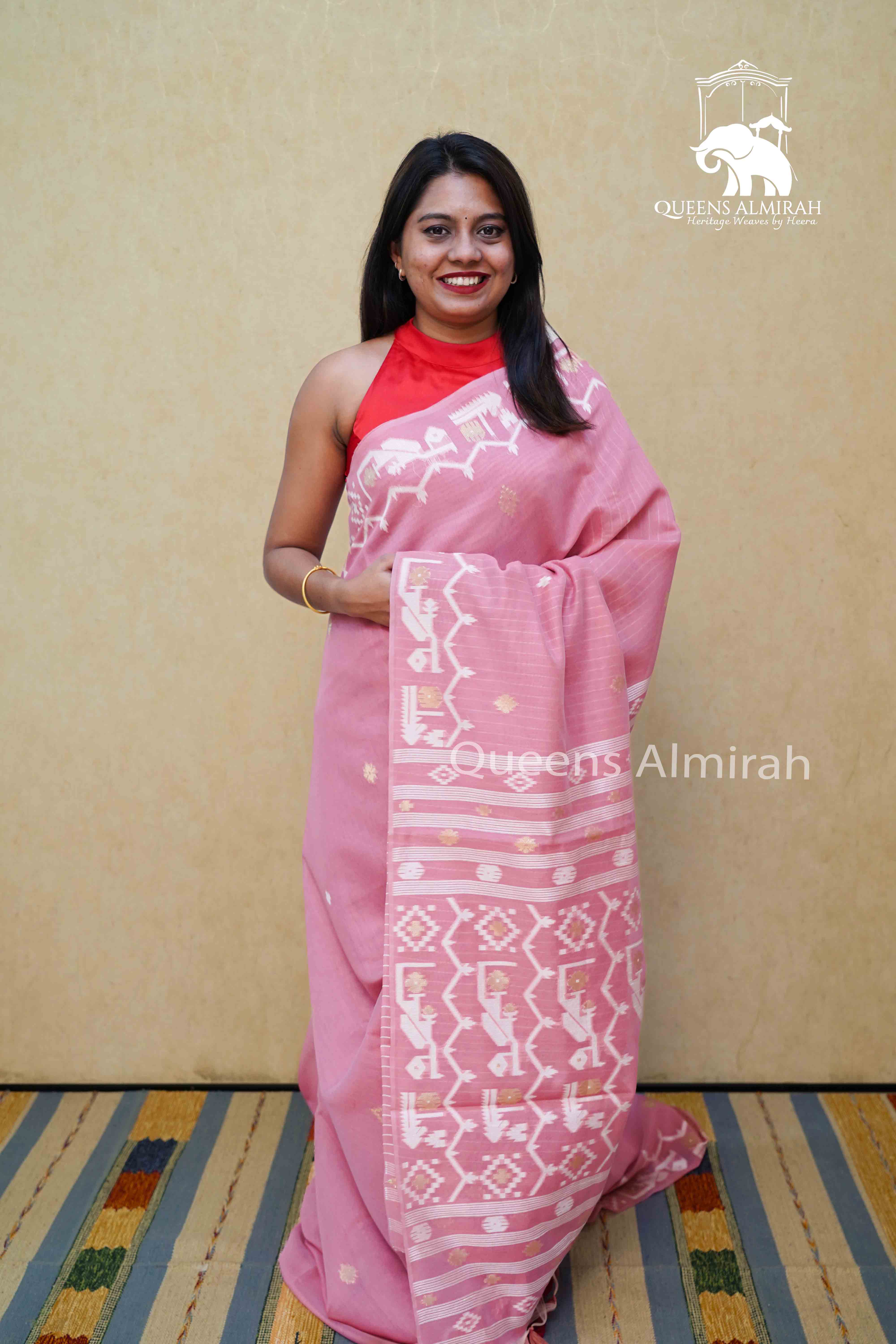 DUSKY PINK JAMDANI COTTON SAREE - Queens Jewel Emporium